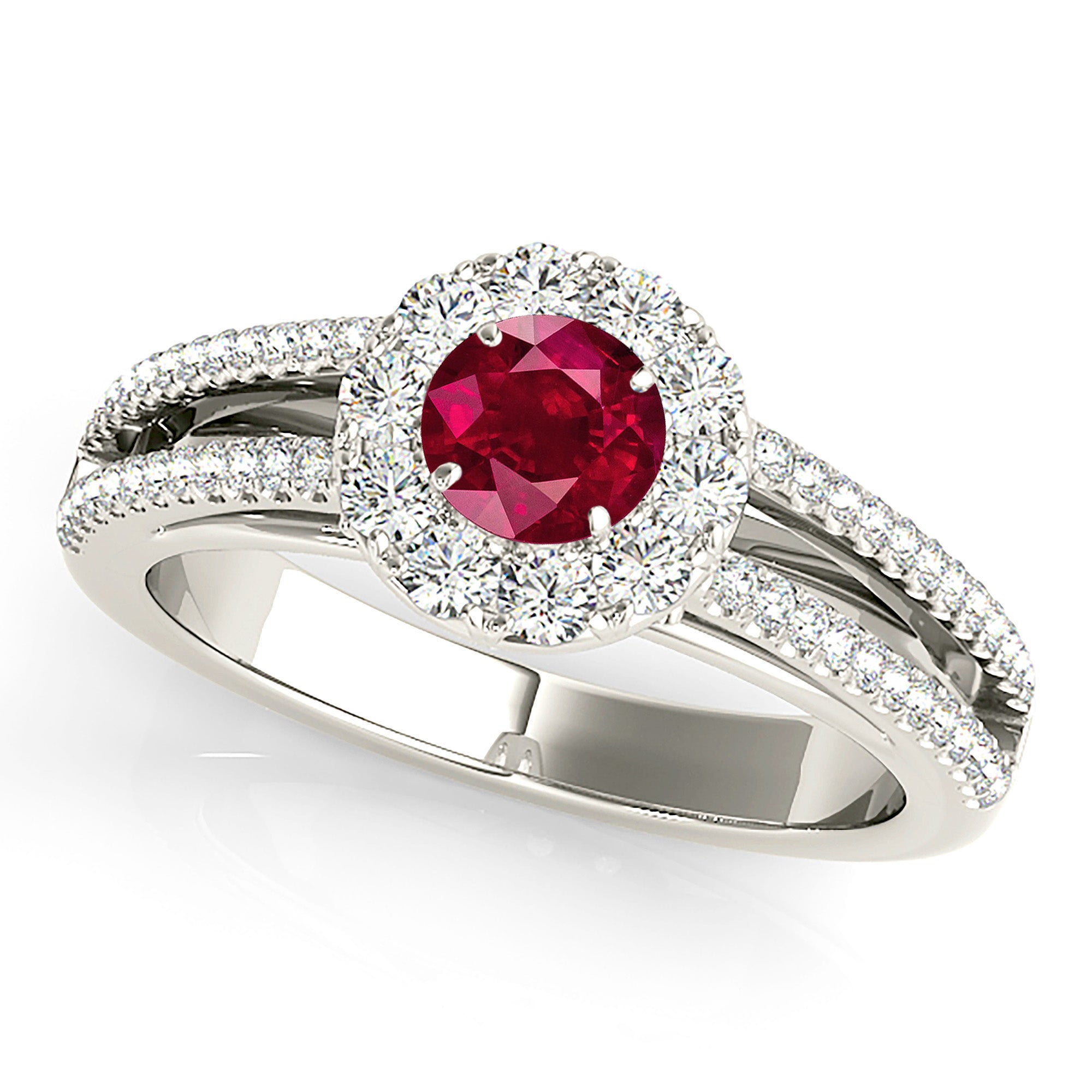 0.94 ct. Genuine Ruby Ring With 0.50 ctw. Diamond Halo And Split Diamond Shank, Diamond Basket | Round Ruby Halo Ring | Natural Ruby Ring-VIRABYANI