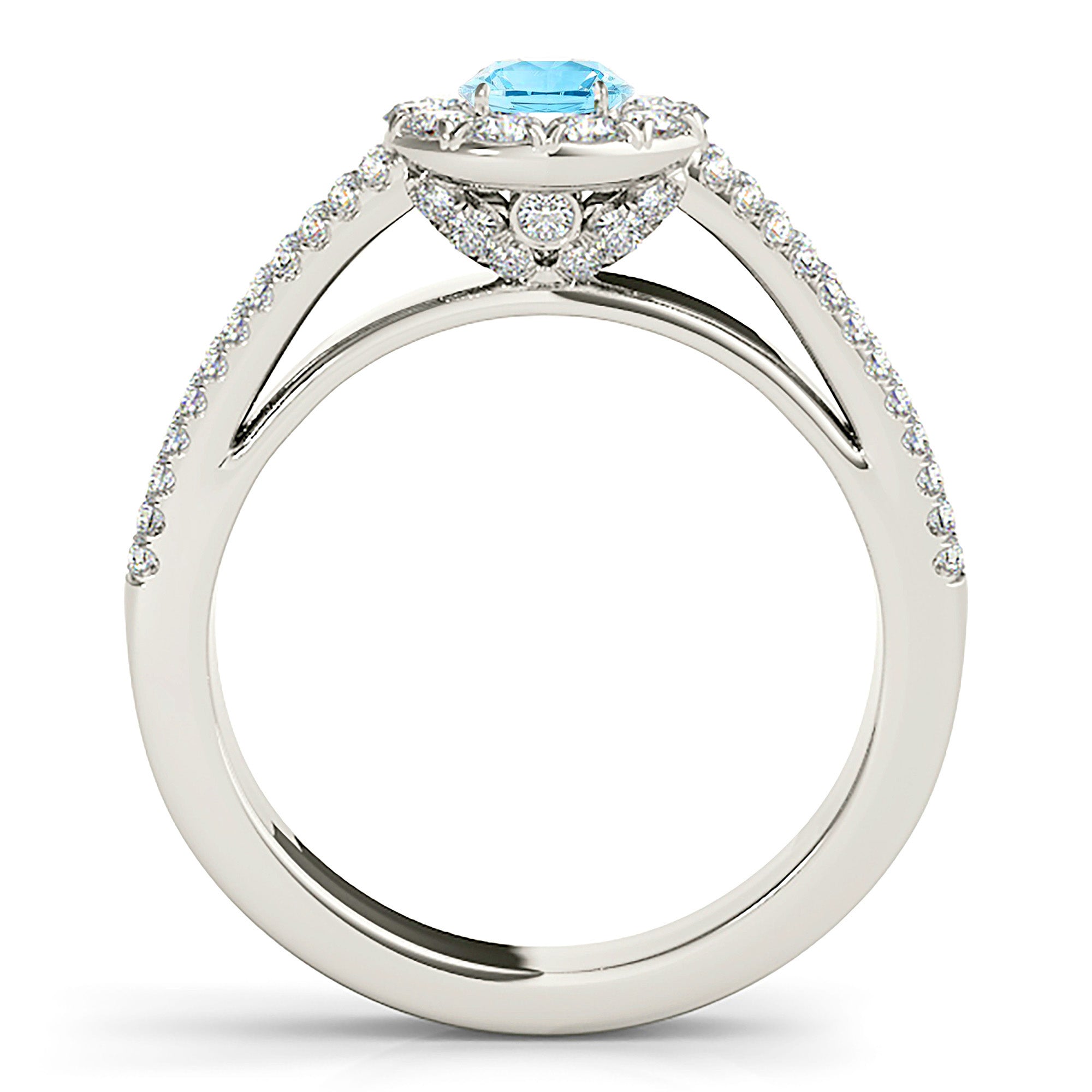 0.83 ct. Genuine Aquamarine Ring with 0.50 ctw. Diamond Halo And Split Diamond Band | Round Blue Aquamarine Halo Ring-VIRABYANI
