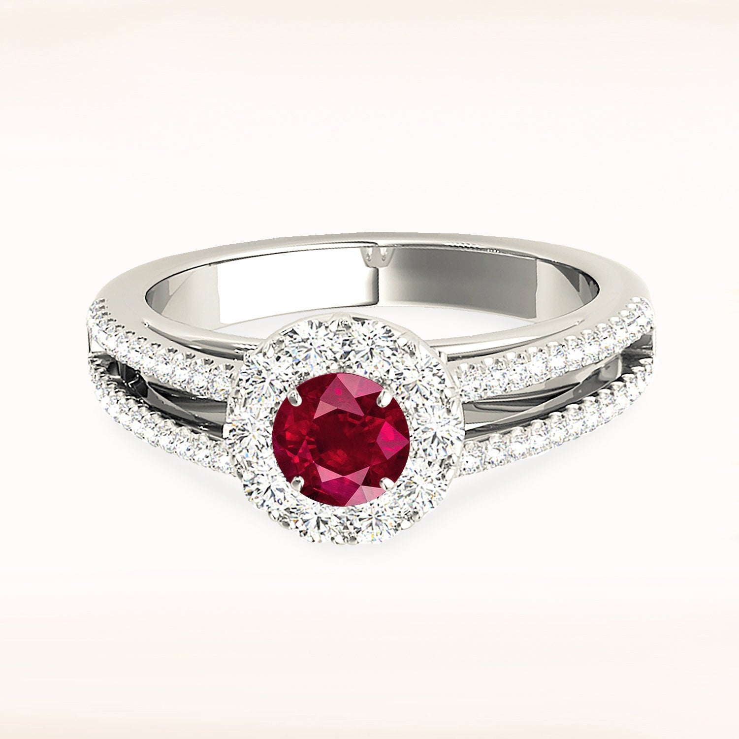 0.94 ct. Genuine Ruby Ring With 0.50 ctw. Diamond Halo And Split Diamond Shank, Diamond Basket | Round Ruby Halo Ring | Natural Ruby Ring-VIRABYANI