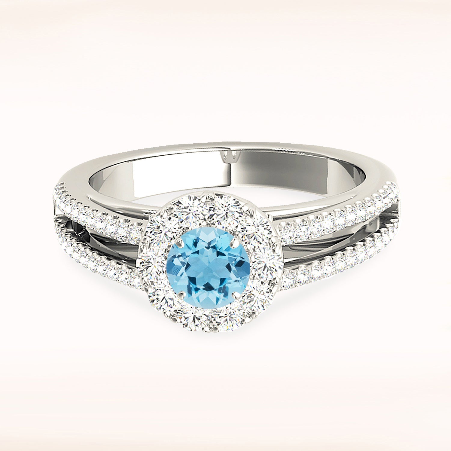0.83 ct. Genuine Aquamarine Ring with 0.50 ctw. Diamond Halo And Split Diamond Band | Round Blue Aquamarine Halo Ring-VIRABYANI