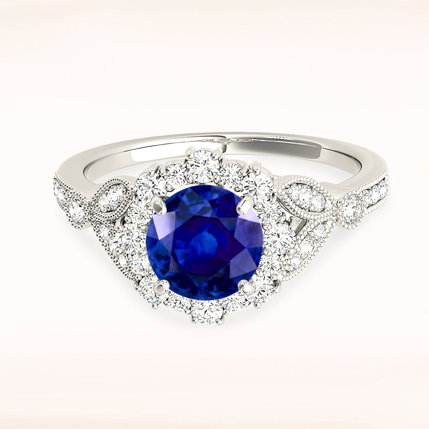1.35 ct. Genuine Blue Sapphire Halo Milgrain Flower Ring with 0.40 ctw. Side Diamonds on Split Shank-VIRABYANI