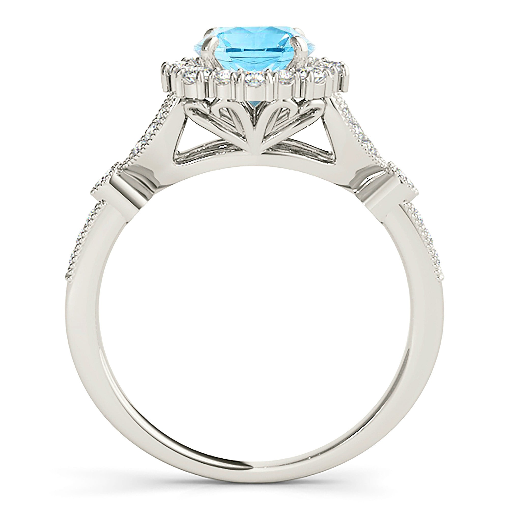 1.10 ct. Genuine Aquamarine Ring With 0.40 ctw. Diamond Flower Halo, Milgrain V Shape Graduating Diamond Band | Blue Aquamarine Halo Ring-VIRABYANI