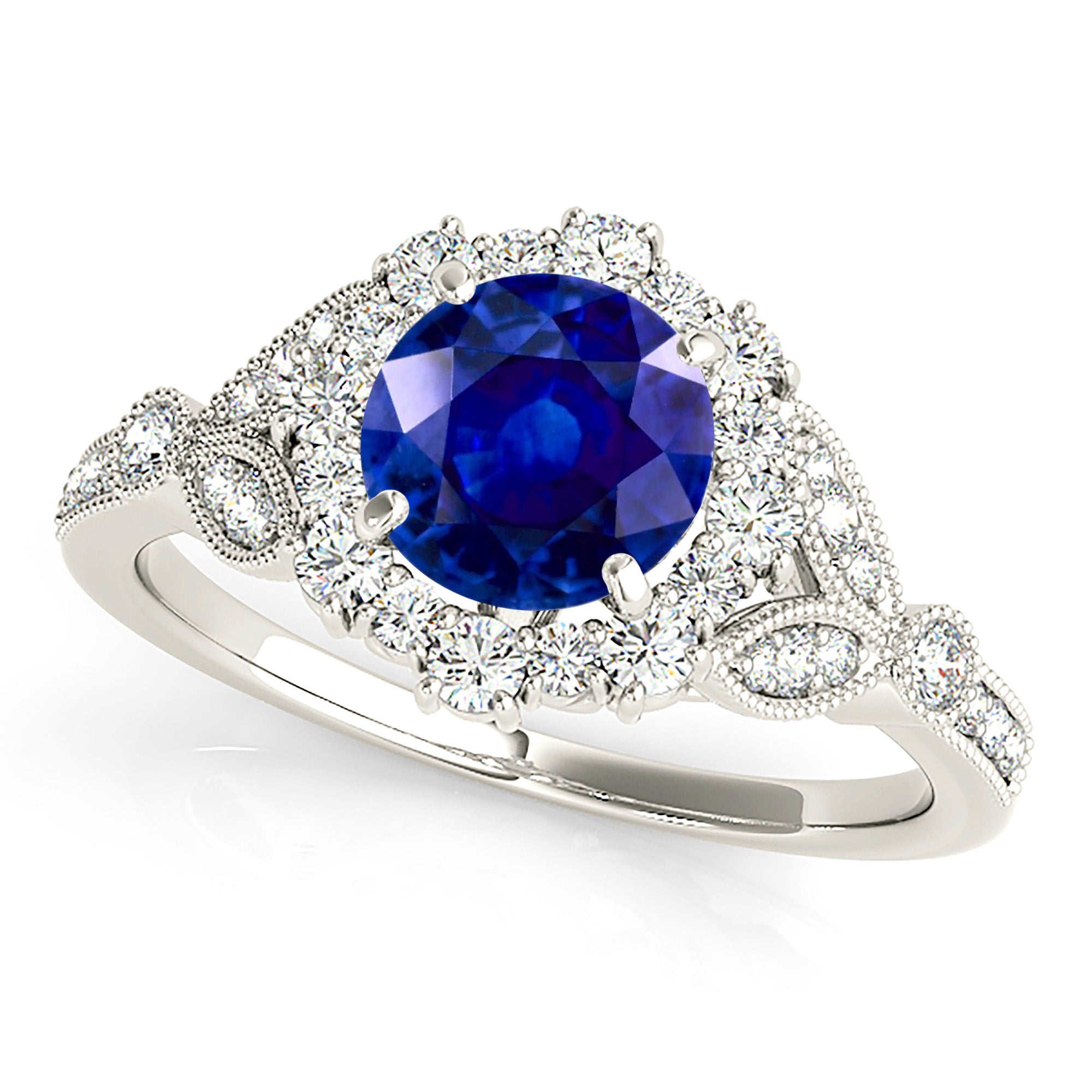 1.35 ct. Genuine Blue Sapphire Halo Milgrain Flower Ring with 0.40 ctw. Side Diamonds on Split Shank-VIRABYANI