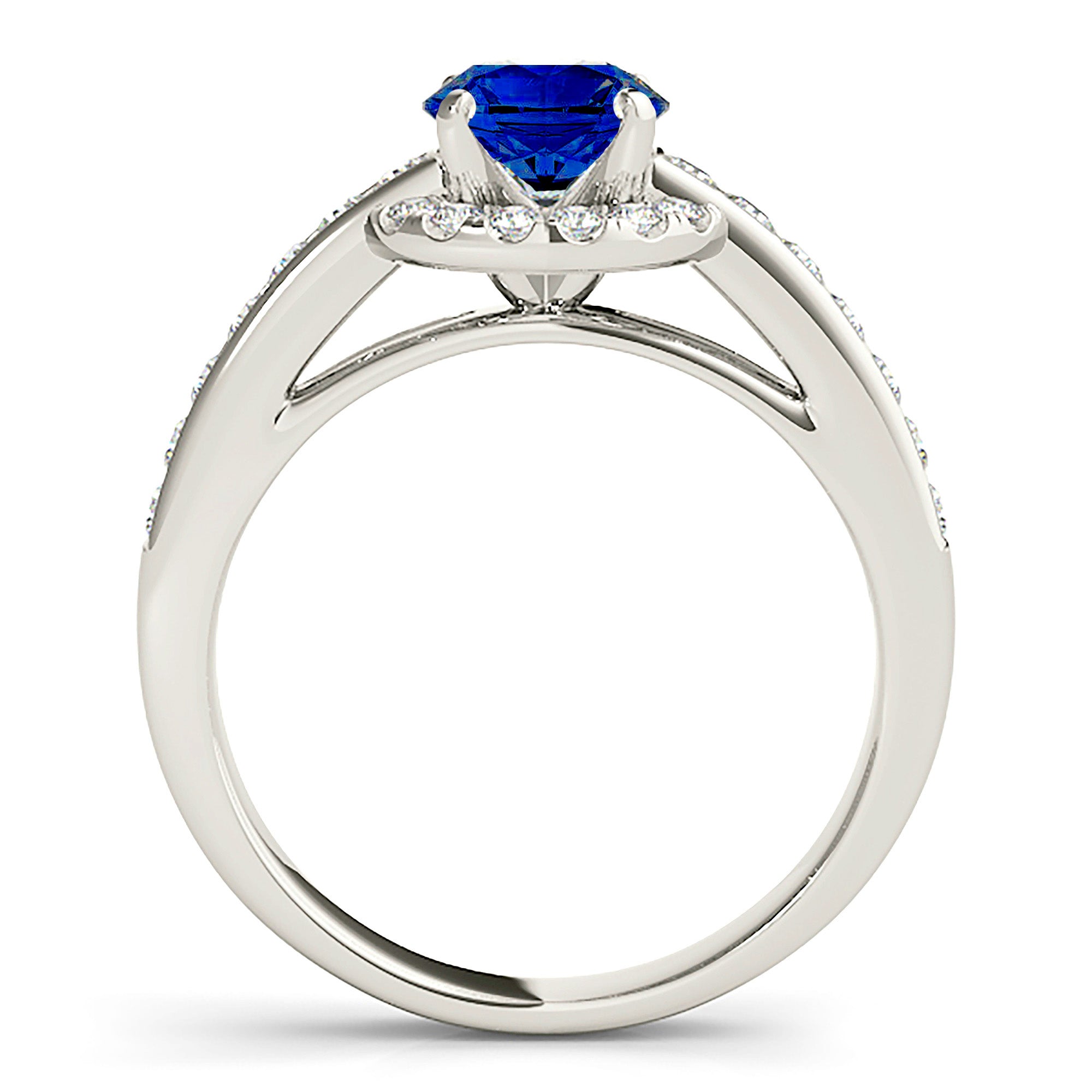 1.80 ct. Genuine Blue Sapphire Ring With 0.40 ctw. Diamond Underneath Halo, Cathedral Style Diamond Band | Natural Blue Sapphire Halo Ring-VIRABYANI