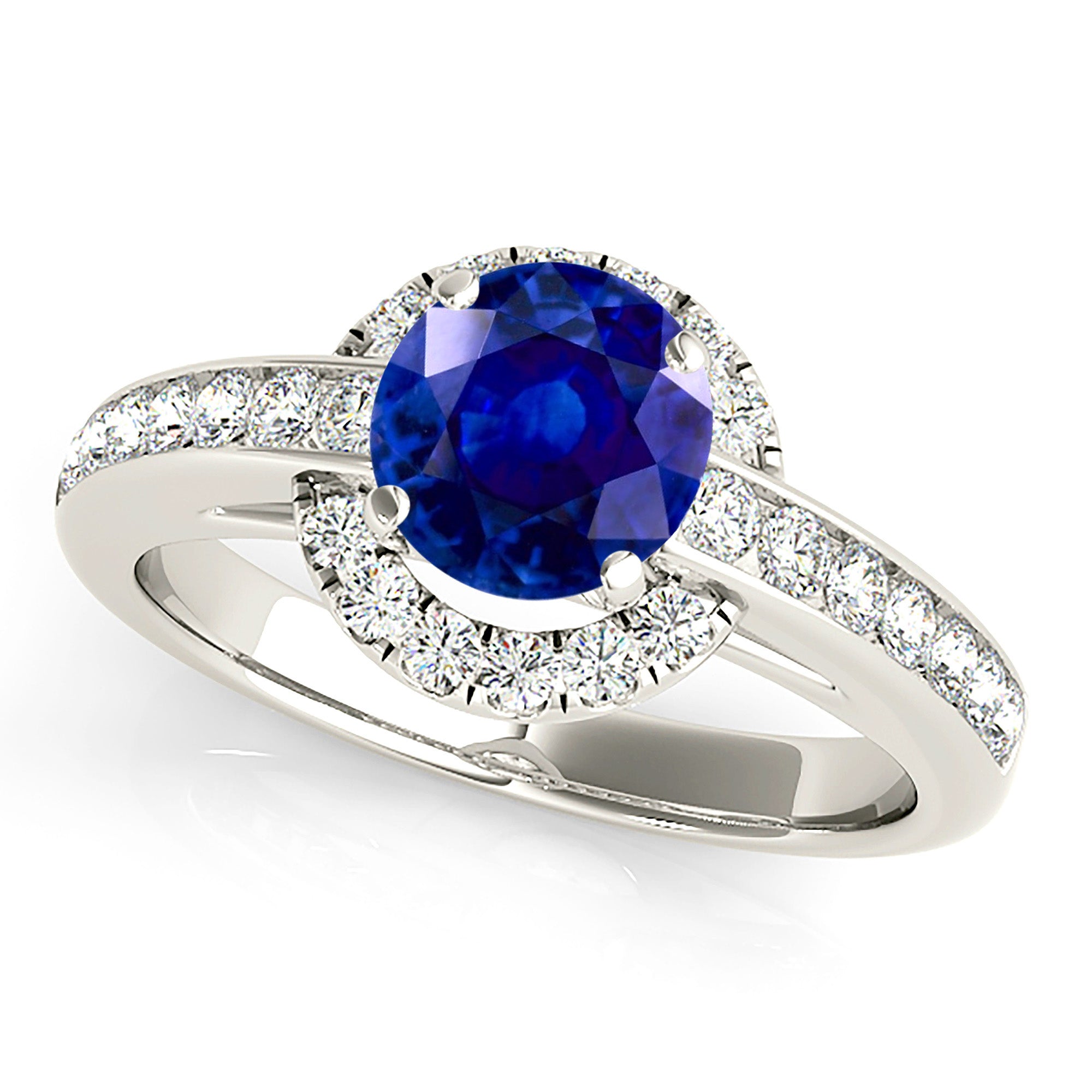 1.80 ct. Genuine Blue Sapphire Ring With 0.40 ctw. Diamond Underneath Halo, Cathedral Style Diamond Band | Natural Blue Sapphire Halo Ring-VIRABYANI