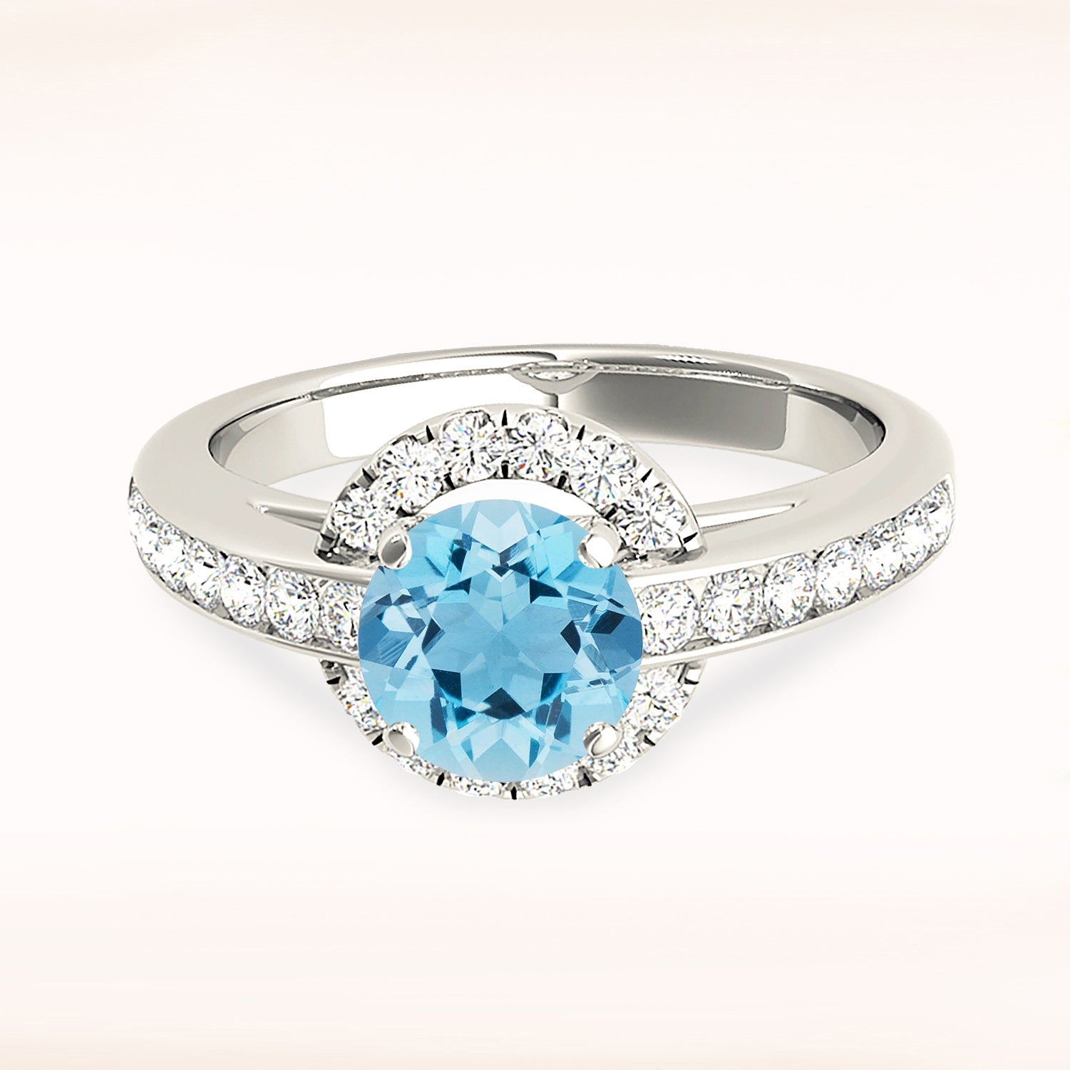 1.75 ct. Genuine Aquamarine Ring With 0.40 ctw. Diamond Halo and Delicate Diamond Band | Round Blue Aquamarine Halo Ring-VIRABYANI