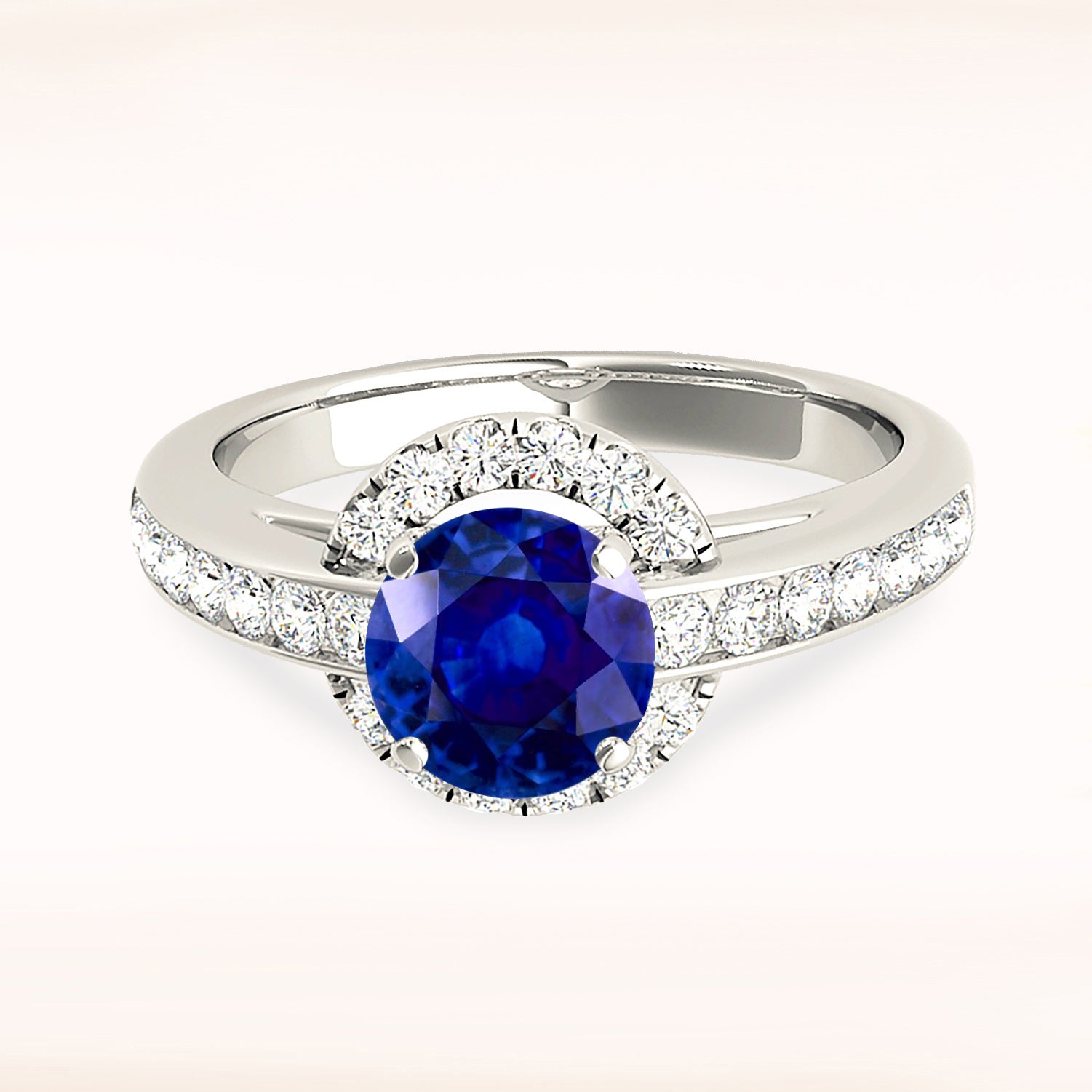 1.80 ct. Genuine Blue Sapphire Ring With 0.40 ctw. Diamond Underneath Halo, Cathedral Style Diamond Band | Natural Blue Sapphire Halo Ring-VIRABYANI