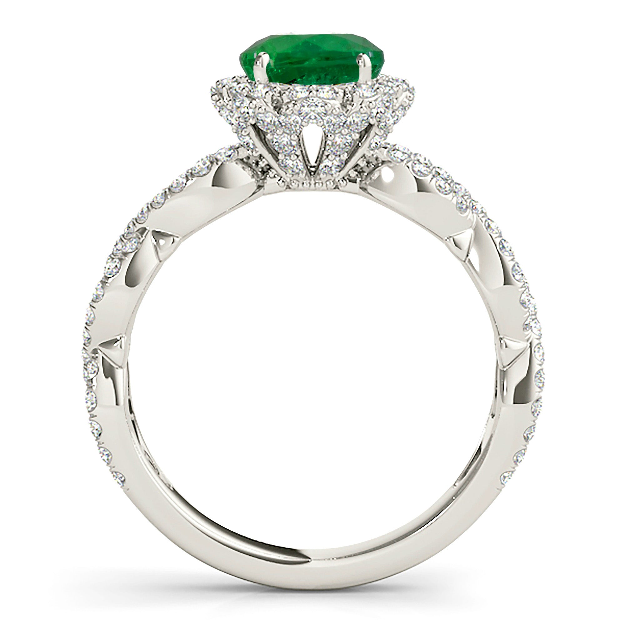 1.14 ct. Genuine Emerald Ring With 0.70 ctw. Diamond Flower Halo, Open Twisted Diamond Band-VIRABYANI