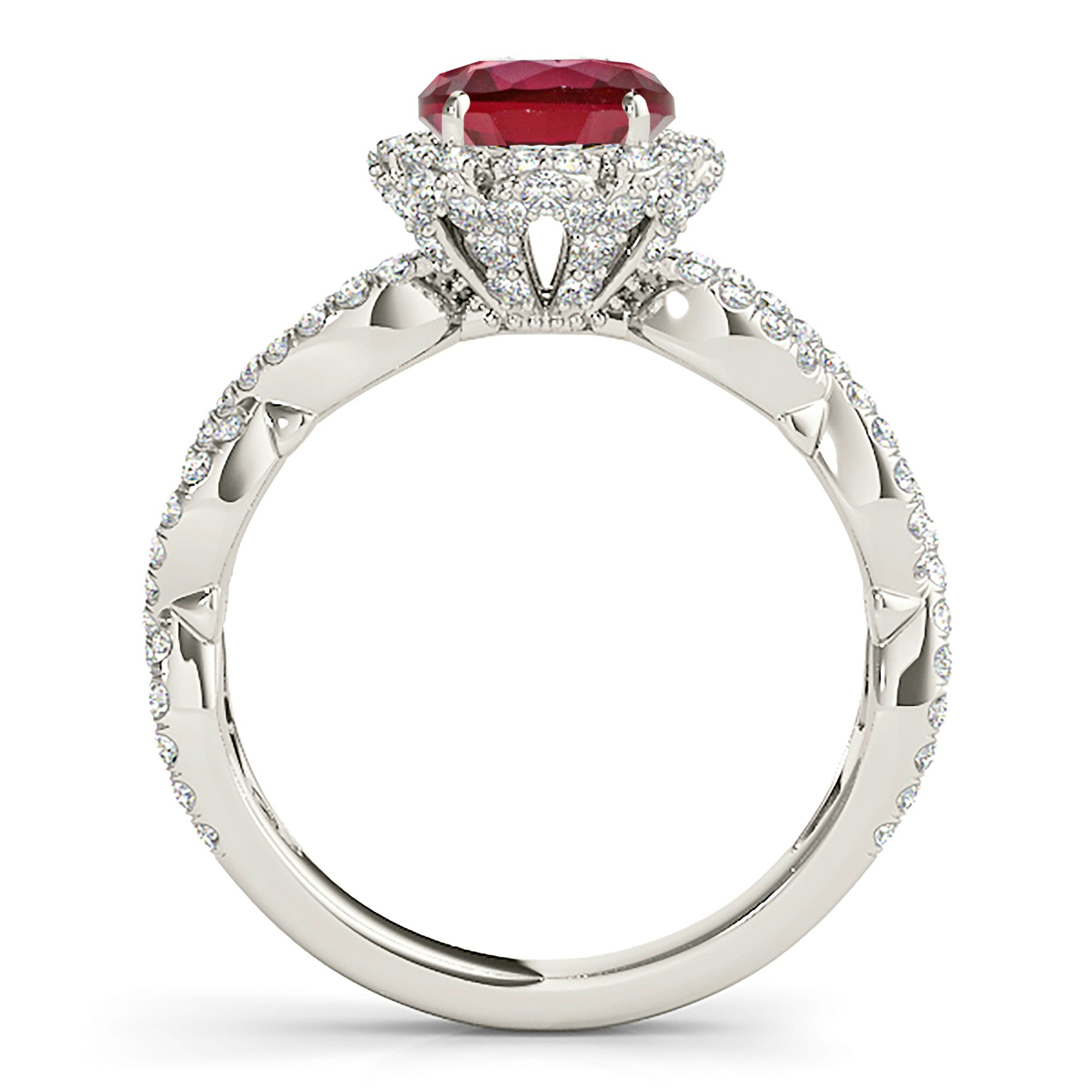 1.35 ct. Genuine Ruby Ring With 0.70 ctw. Diamond Floral Halo And Open Braid Diamond Band-VIRABYANI
