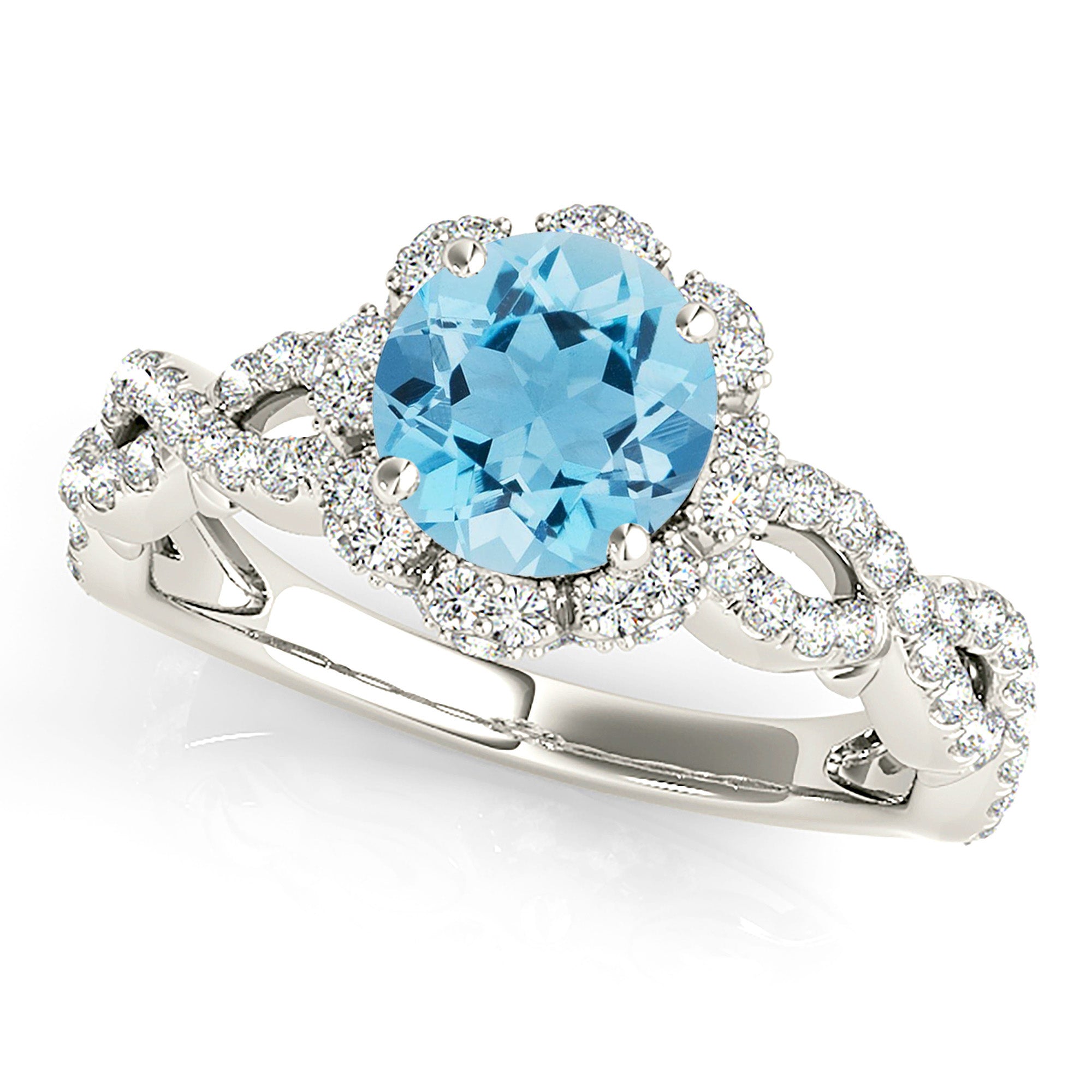 1.10 ct. Genuine Aquamarine Ring With 0.70 ctw. Diamond Halo And Open Braid Diamond Band,Filigree Design | Round Blue Aquamarine Halo Ring-VIRABYANI