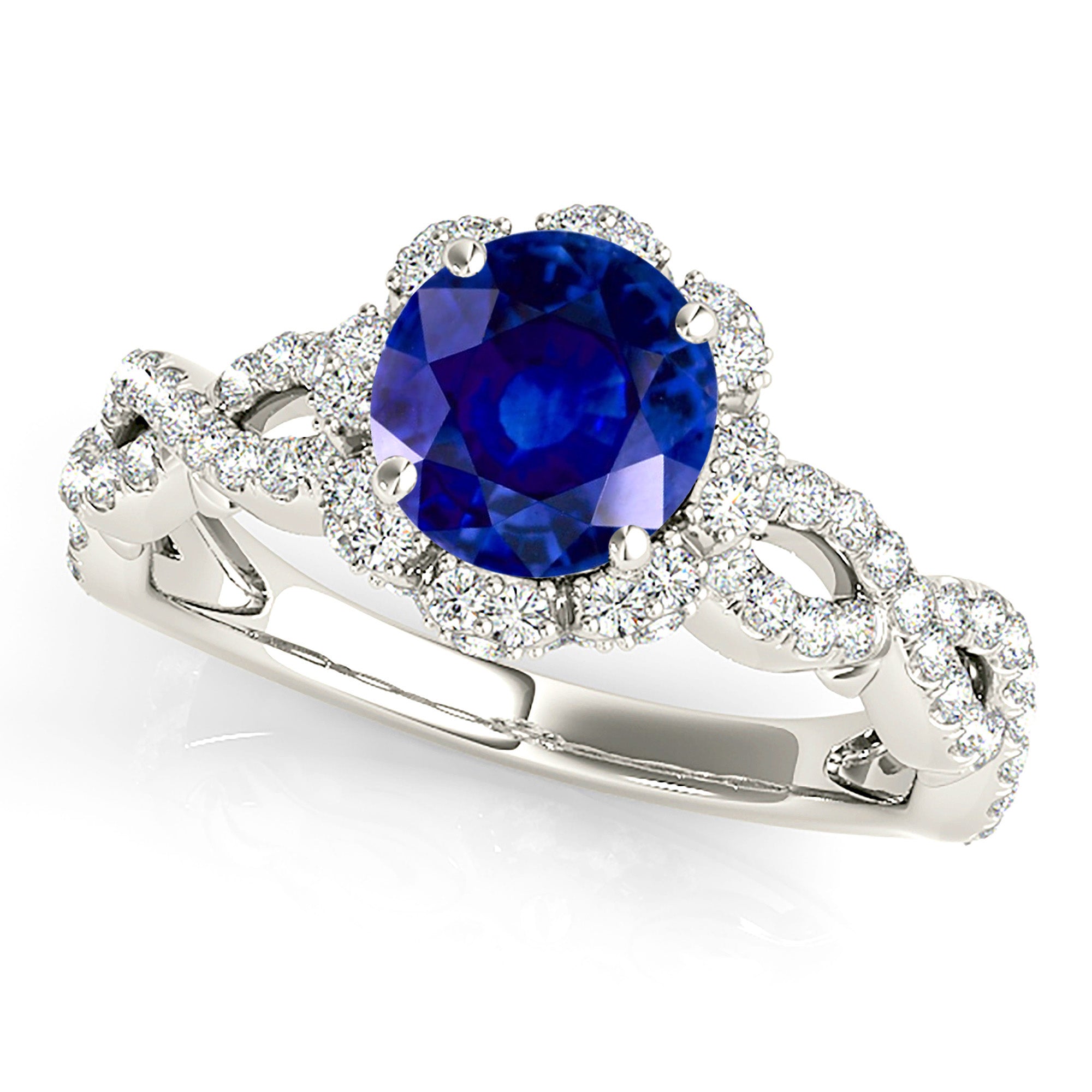 1.35 ct. Genuine Blue Sapphire Ring With 0.70 ctw. Diamond Floral Halo, Open Braided Diamond Band | Natural Sapphire And Diamond Ring-in 14K/18K White, Yellow, Rose Gold and Platinum - Christmas Jewelry Gift -VIRABYANI