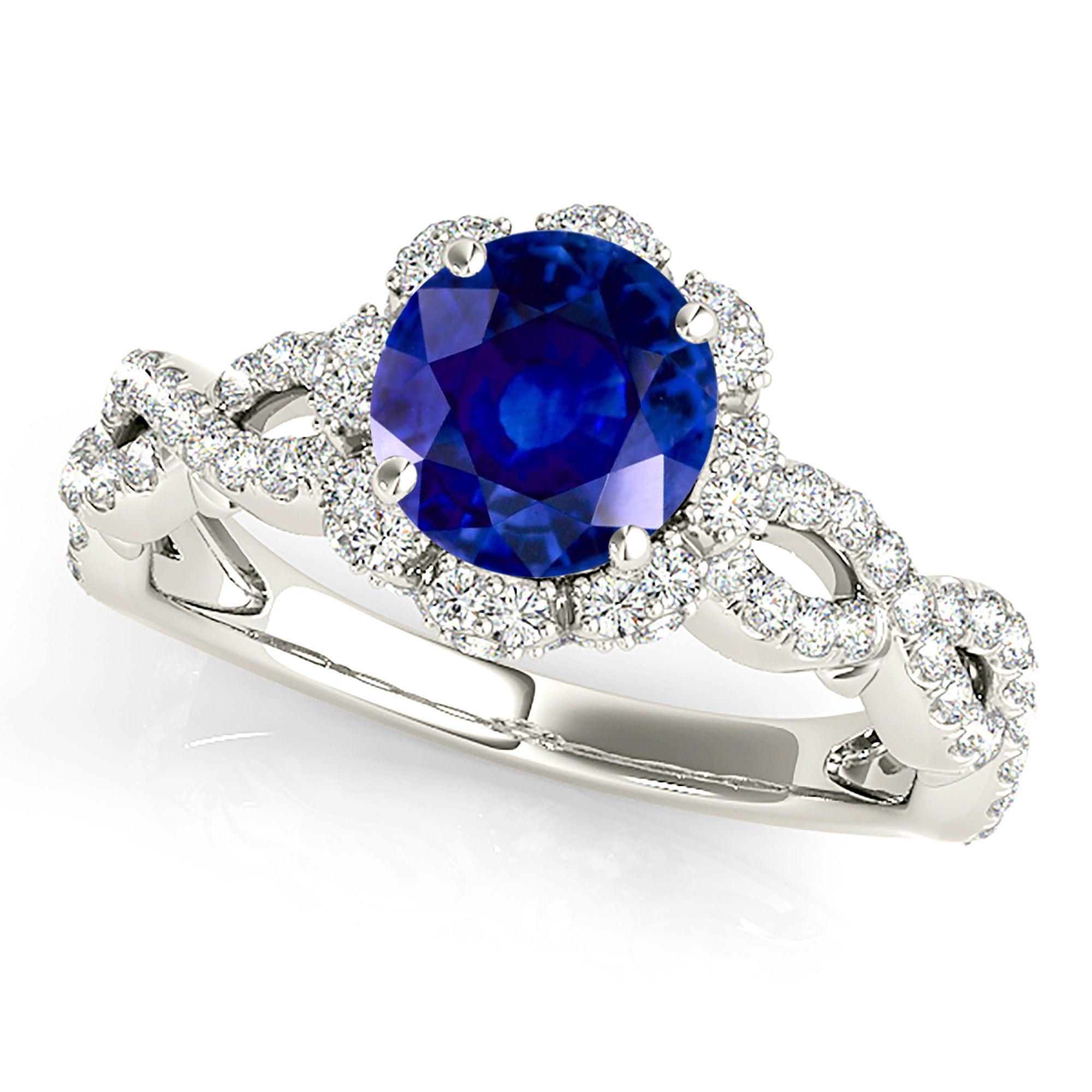 1.35 ct. Genuine Blue Sapphire Ring With 0.70 ctw. Diamond Floral Halo, Open Braided Diamond Band | Natural Sapphire And Diamond Ring-VIRABYANI