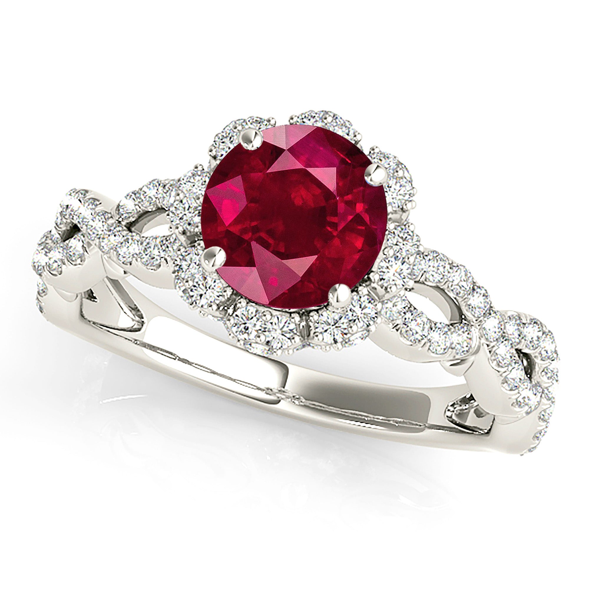 1.35 ct. Genuine Ruby Ring With 0.70 ctw. Diamond Floral Halo And Open Braid Diamond Band-VIRABYANI