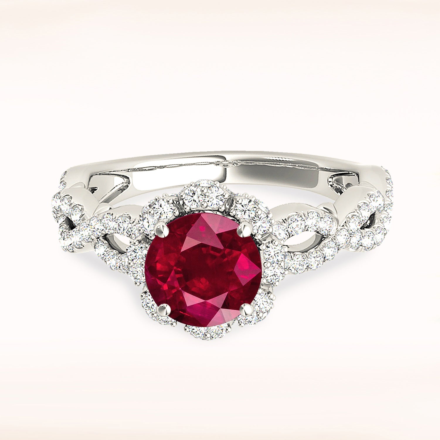 1.35 ct. Genuine Ruby Ring With 0.70 ctw. Diamond Floral Halo And Open Braid Diamond Band-VIRABYANI