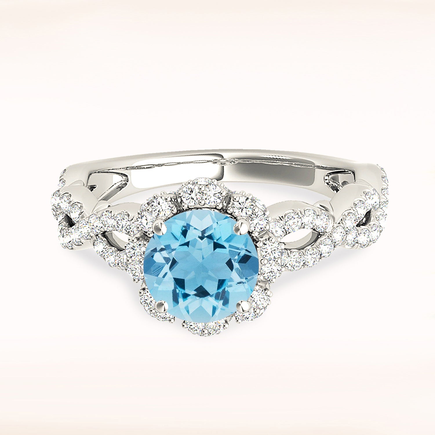 1.10 ct. Genuine Aquamarine Ring With 0.70 ctw. Diamond Halo And Open Braid Diamond Band,Filigree Design | Round Blue Aquamarine Halo Ring-VIRABYANI