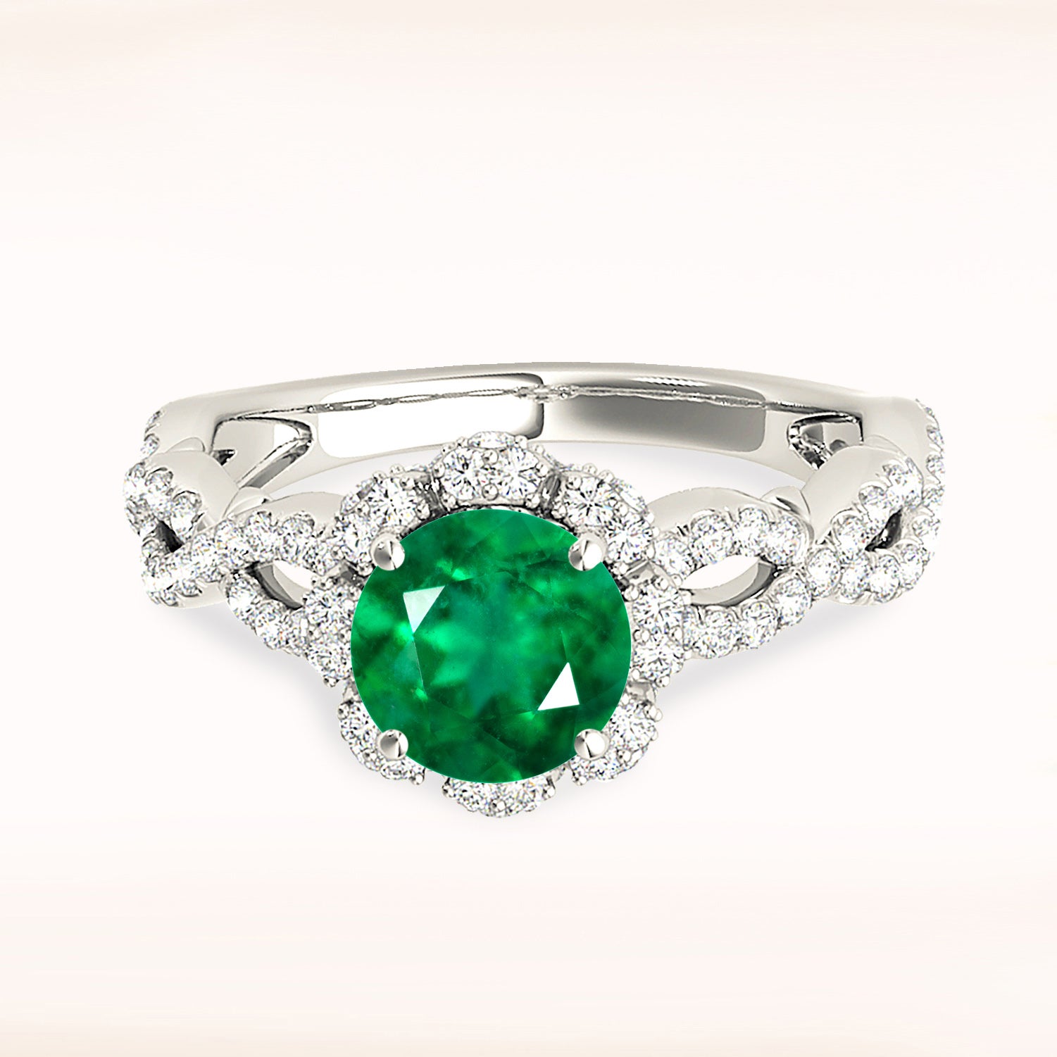 1.14 ct. Genuine Emerald Ring With 0.70 ctw. Diamond Flower Halo, Open Twisted Diamond Band-VIRABYANI