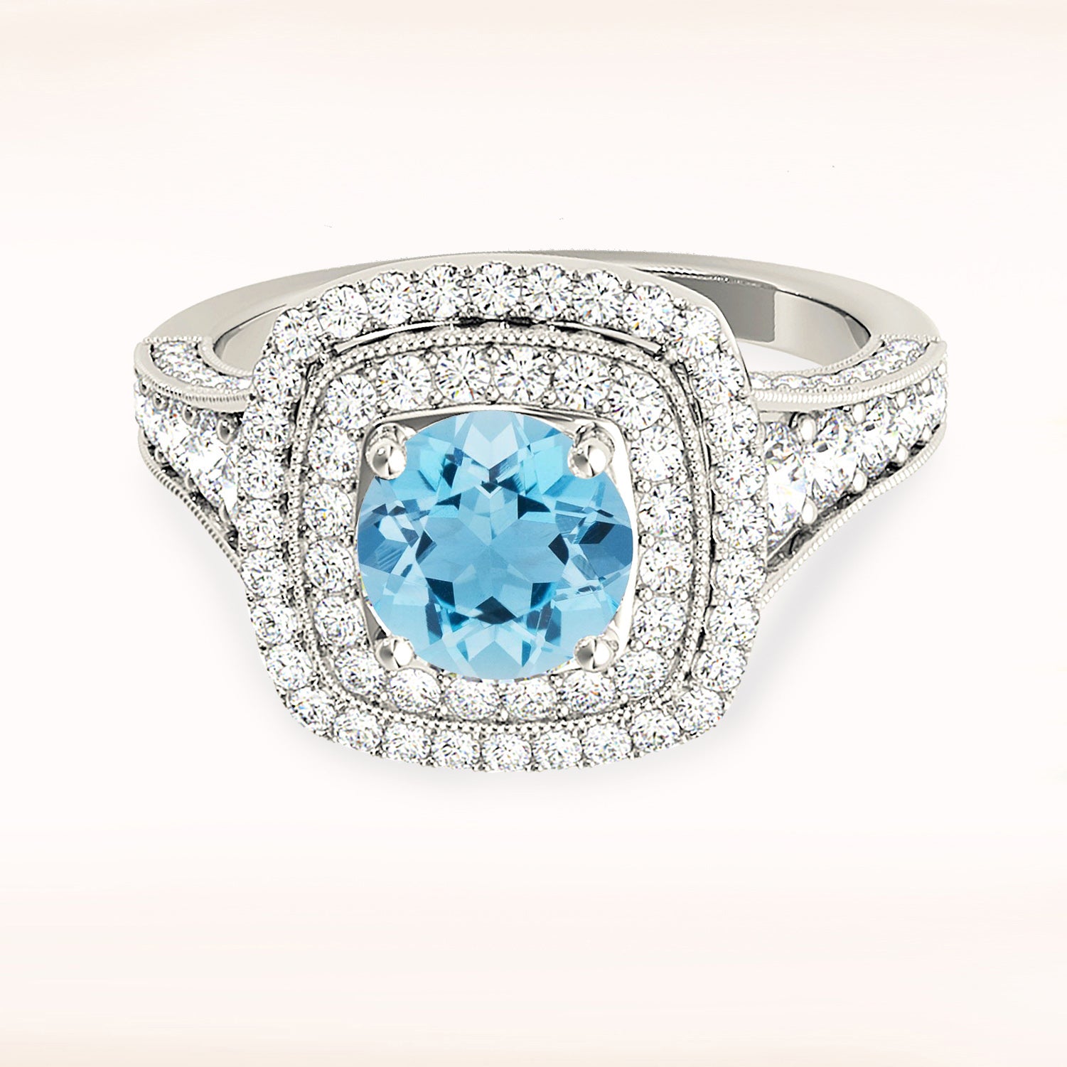 1.10 ct. Genuine Aquamarine Ring With 0.90 ctw. Diamond Double Row Halo And Fancy 3D Diamond Band | Round Blue Aquamarine Halo Ring-VIRABYANI