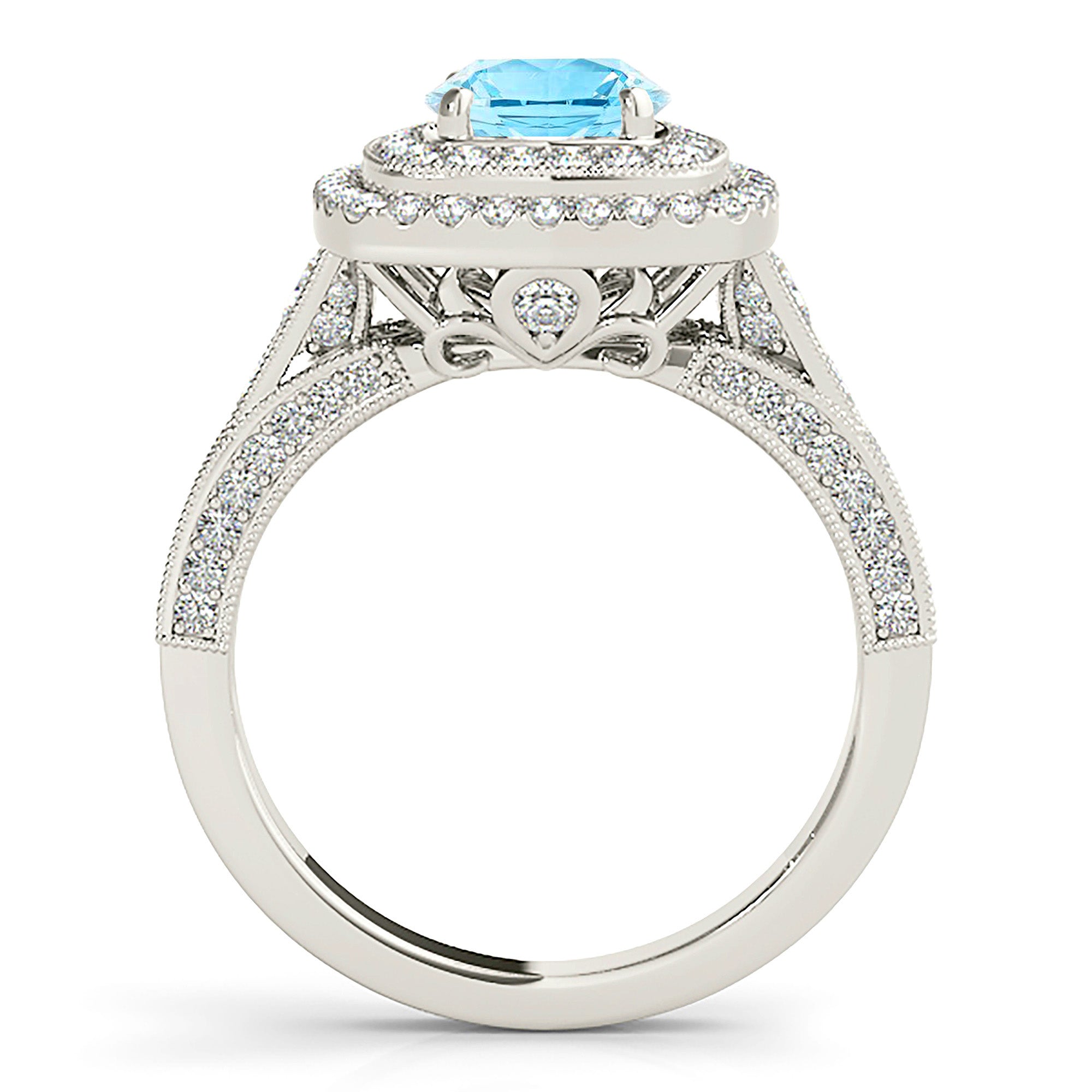 1.10 ct. Genuine Aquamarine Ring With 0.90 ctw. Diamond Double Row Halo And Fancy 3D Diamond Band | Round Blue Aquamarine Halo Ring-in 14K/18K White, Yellow, Rose Gold and Platinum - Christmas Jewelry Gift -VIRABYANI