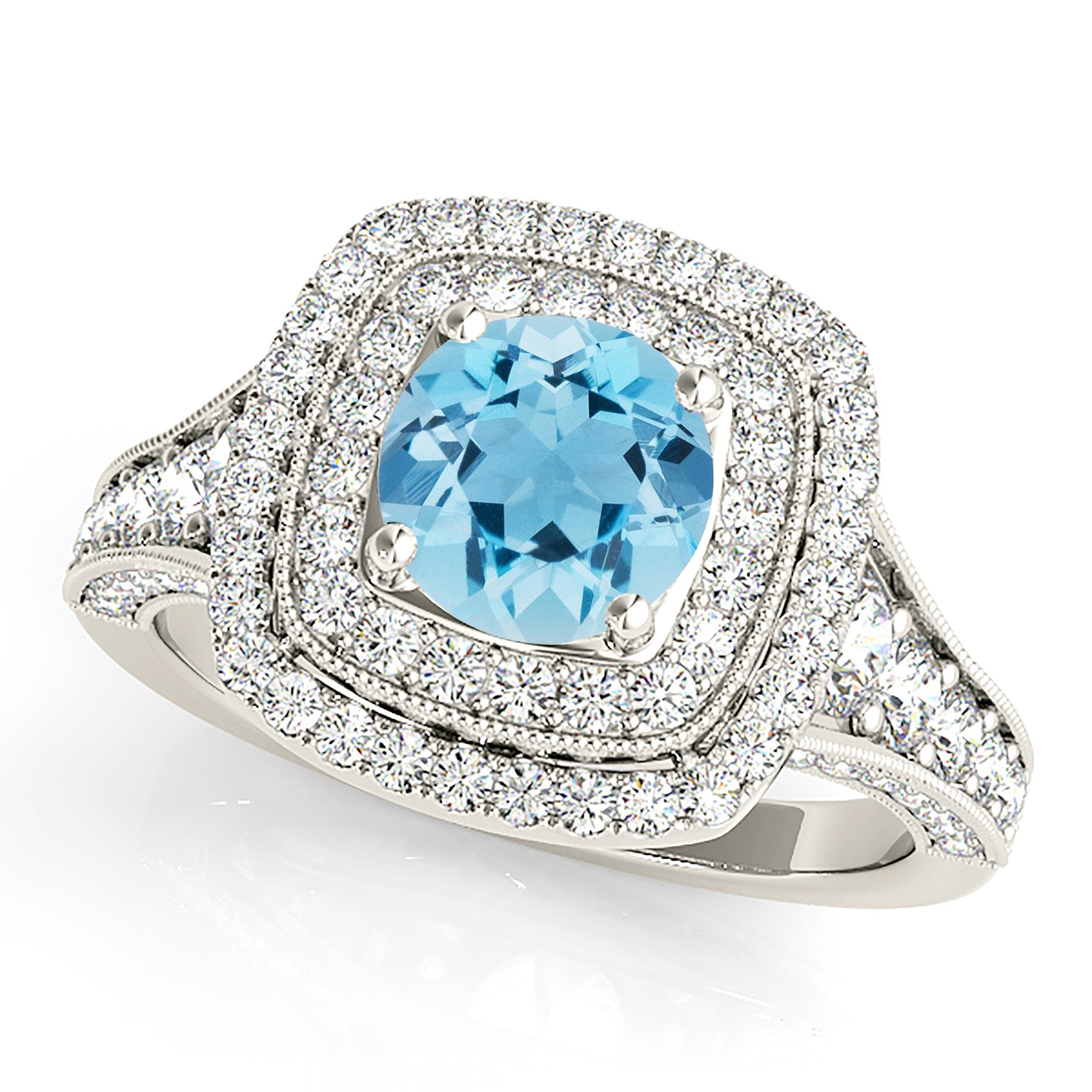 1.10 ct. Genuine Aquamarine Ring With 0.90 ctw. Diamond Double Row Halo And Fancy 3D Diamond Band | Round Blue Aquamarine Halo Ring-VIRABYANI