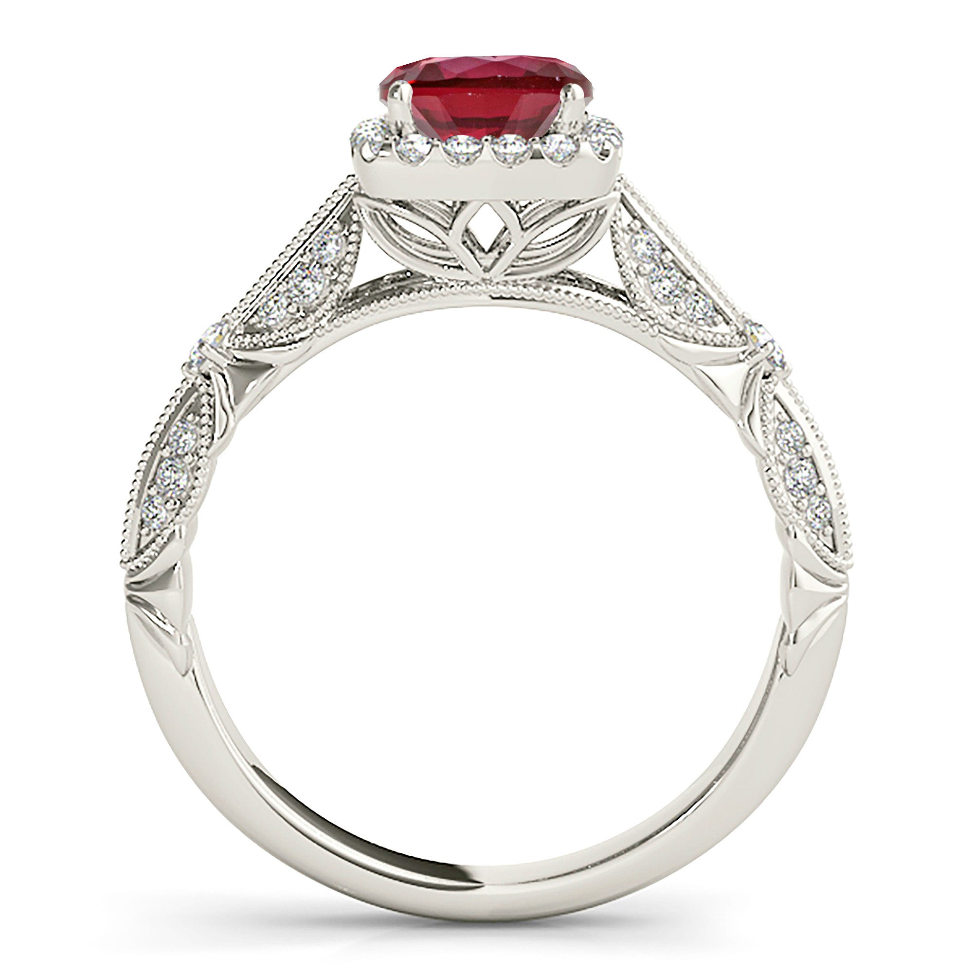 1.35 ct. Genuine Round Ruby With 0.35 ctw. Diamond Square Halo ,Milgrain Floral Diamond Band | Round Ruby Fancy Halo Ring| Natural Ruby Ring-VIRABYANI