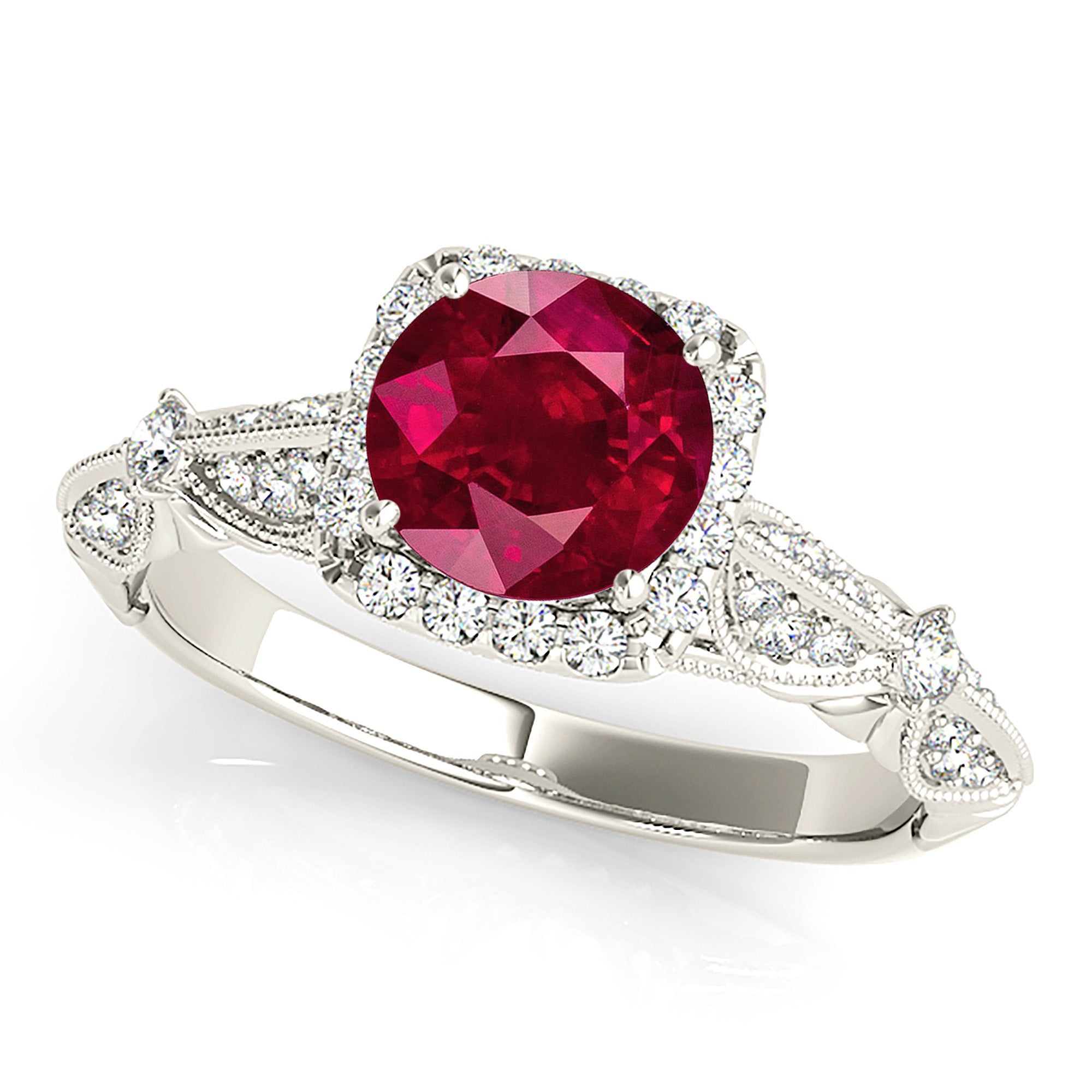 1.35 ct. Genuine Round Ruby With 0.35 ctw. Diamond Square Halo ,Milgrain Floral Diamond Band | Round Ruby Fancy Halo Ring| Natural Ruby Ring-VIRABYANI