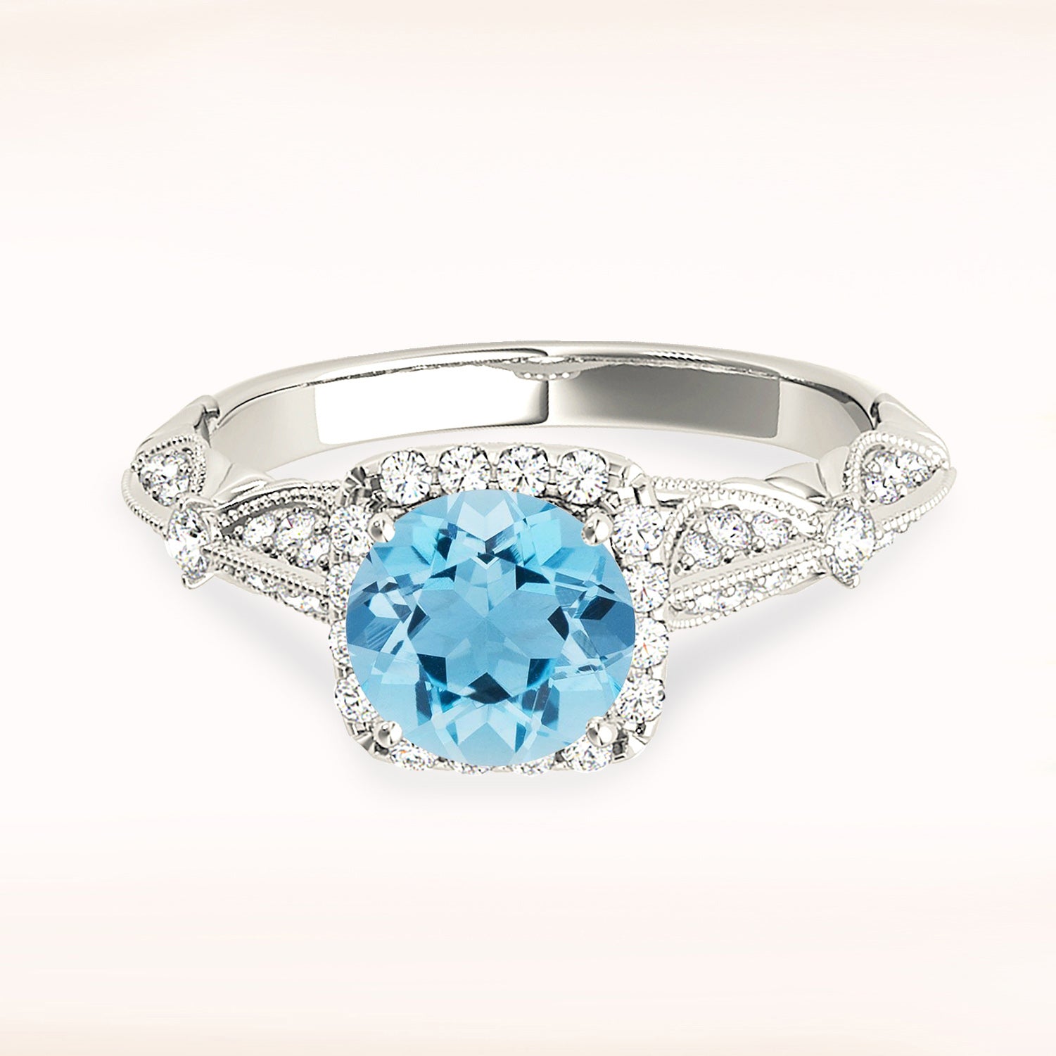 1.10 ct. Genuine Round Aquamarine Ring With 0.35 ctw. Diamond Cushion Halo, Fancy Diamond Milgrain band | Round Blue Aquamarine Halo Ring-VIRABYANI