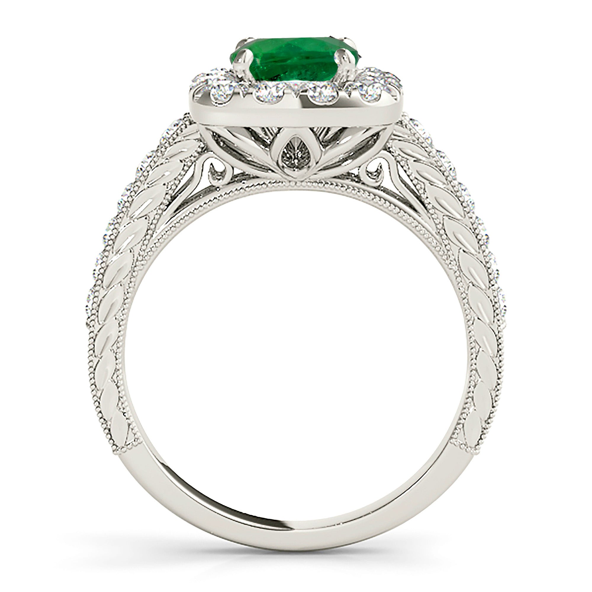 2.00 ct. Genuine Round Emerald Ring With 0.50 ctw. Diamond Halo With Milgrain Design Diamond Band-VIRABYANI
