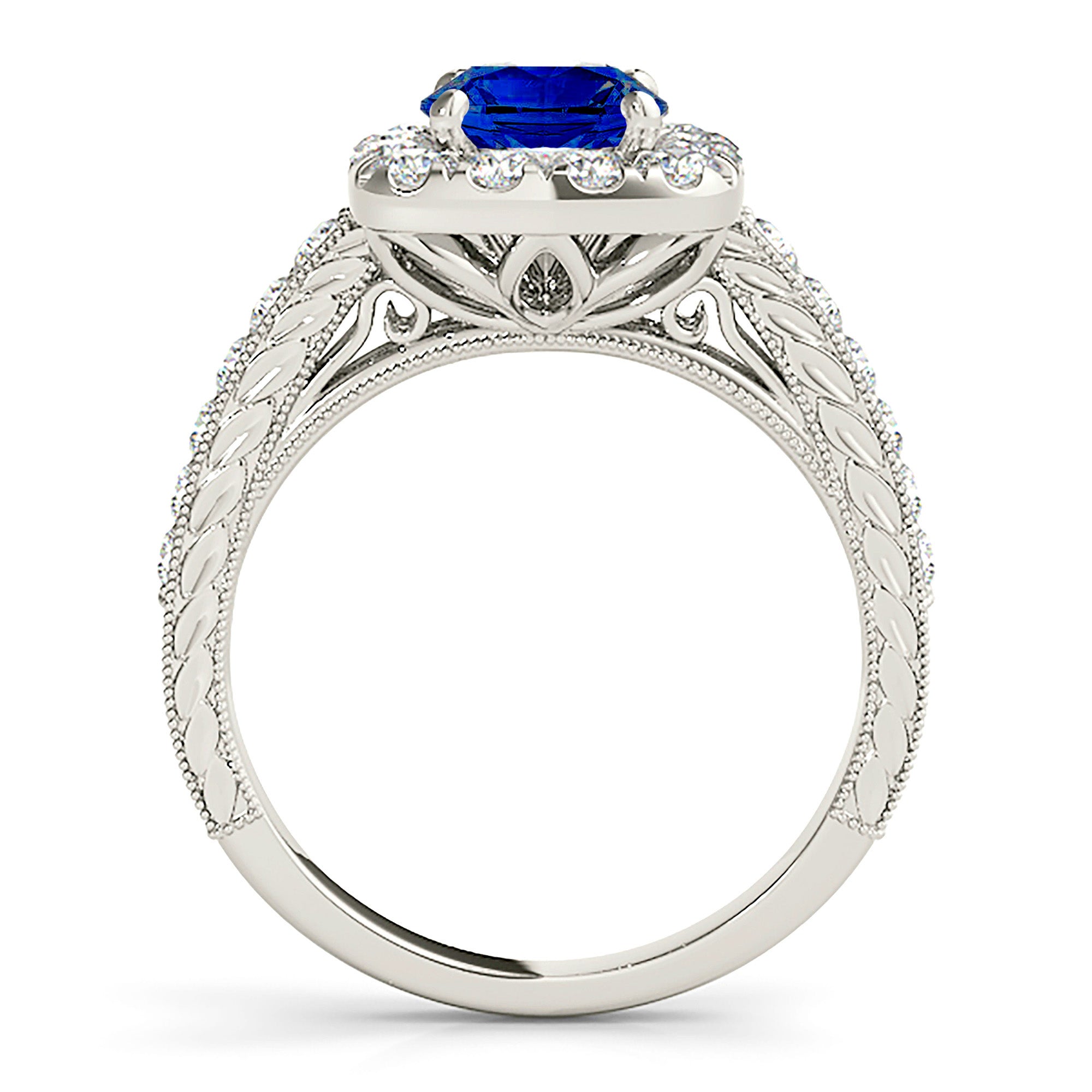 2.41 ct. Genuine Blue Sapphire Gallery Work Halo Ring with 0.50 ctw. Halo And Milgrain Hand Carved Band | Halo Blue Sapphire Classic Ring-VIRABYANI