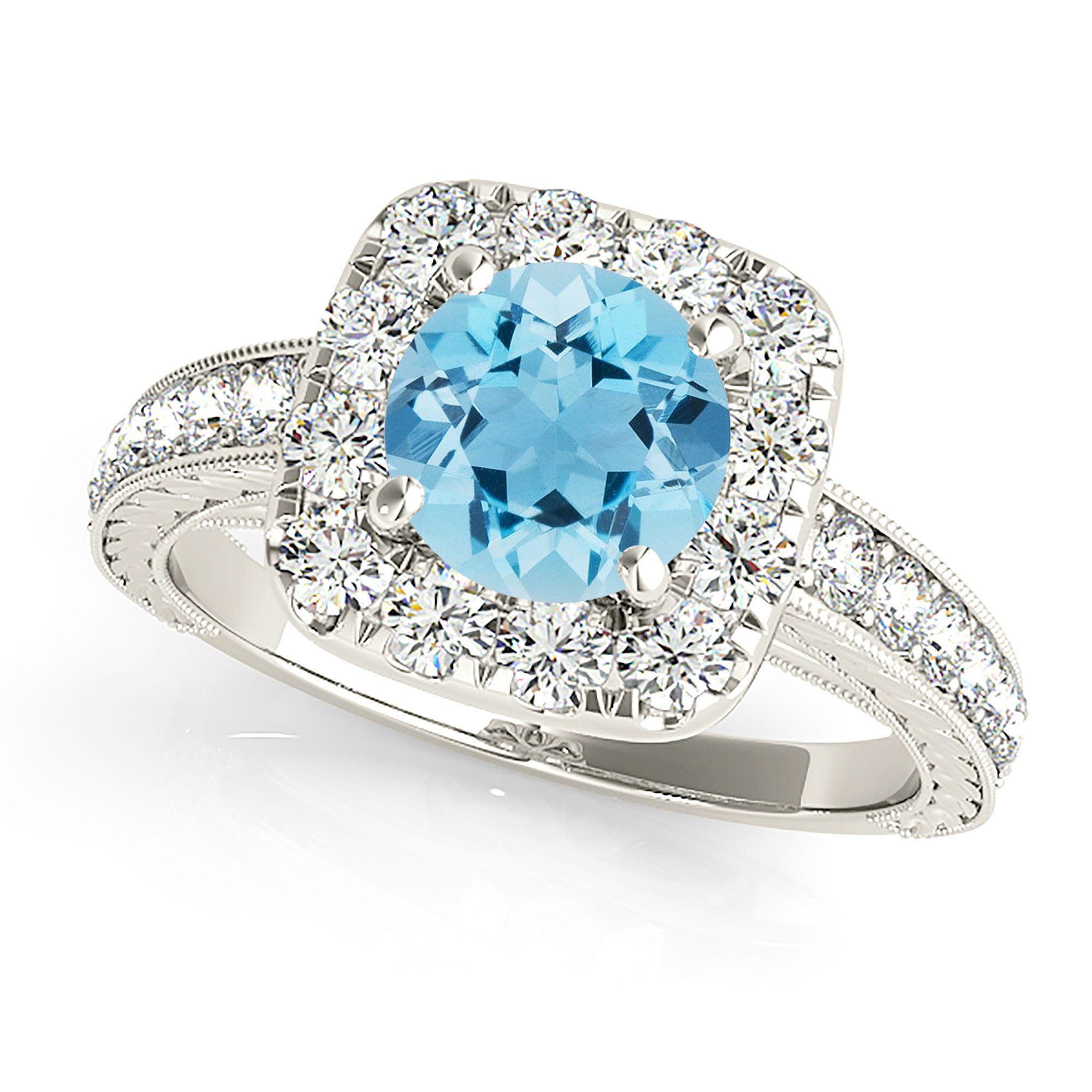 2.00 ct. Genuine Aquamarine Ring With 0.50 ctw. Diamond Cushion Halo, Milgrain Diamond Band, Filigree Design|Round Blue Aquamarine Halo Ring-VIRABYANI