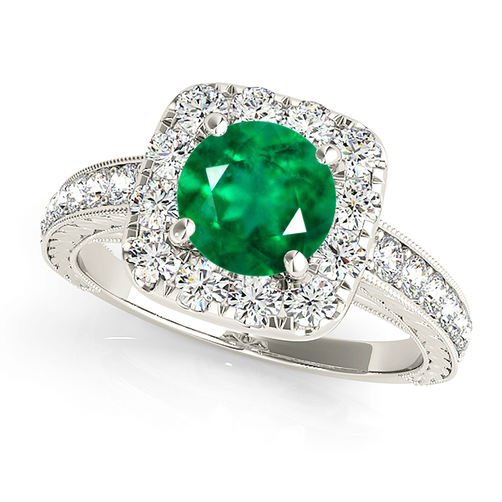 2.00 ct. Genuine Round Emerald Ring With 0.50 ctw. Diamond Halo With Milgrain Design Diamond Band-VIRABYANI
