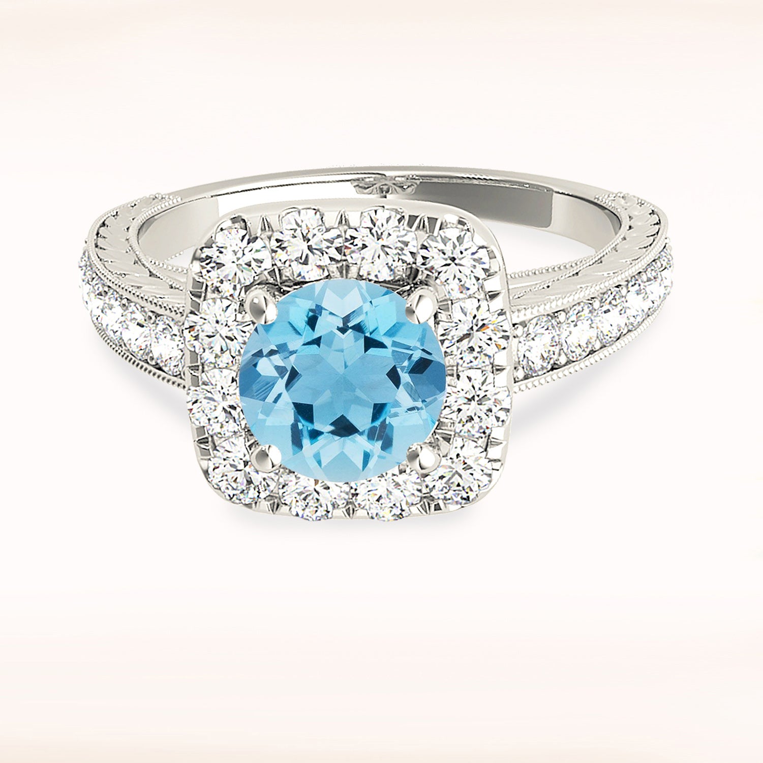 2.00 ct. Genuine Aquamarine Ring With 0.50 ctw. Diamond Cushion Halo, Milgrain Diamond Band, Filigree Design|Round Blue Aquamarine Halo Ring-VIRABYANI