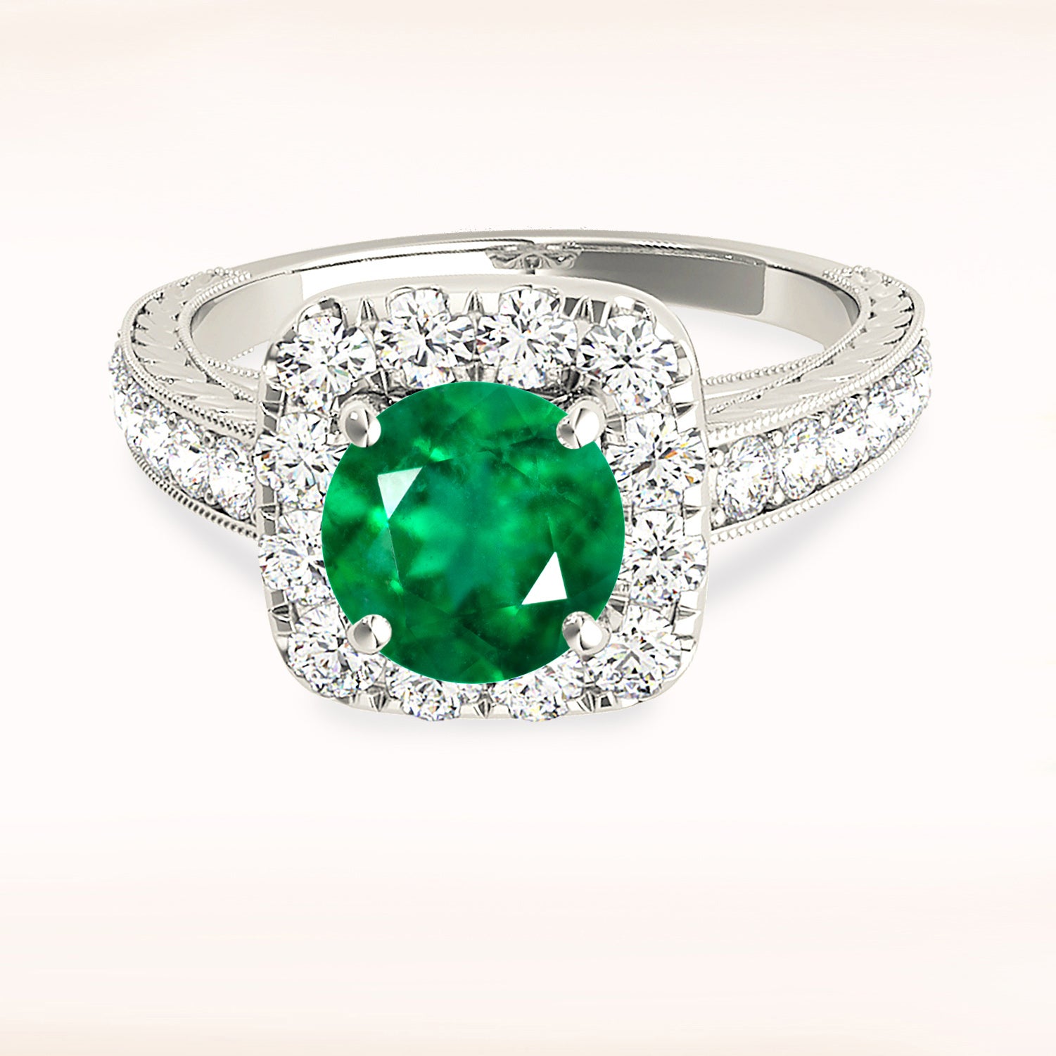 2.00 ct. Genuine Round Emerald Ring With 0.50 ctw. Diamond Halo With Milgrain Design Diamond Band-VIRABYANI