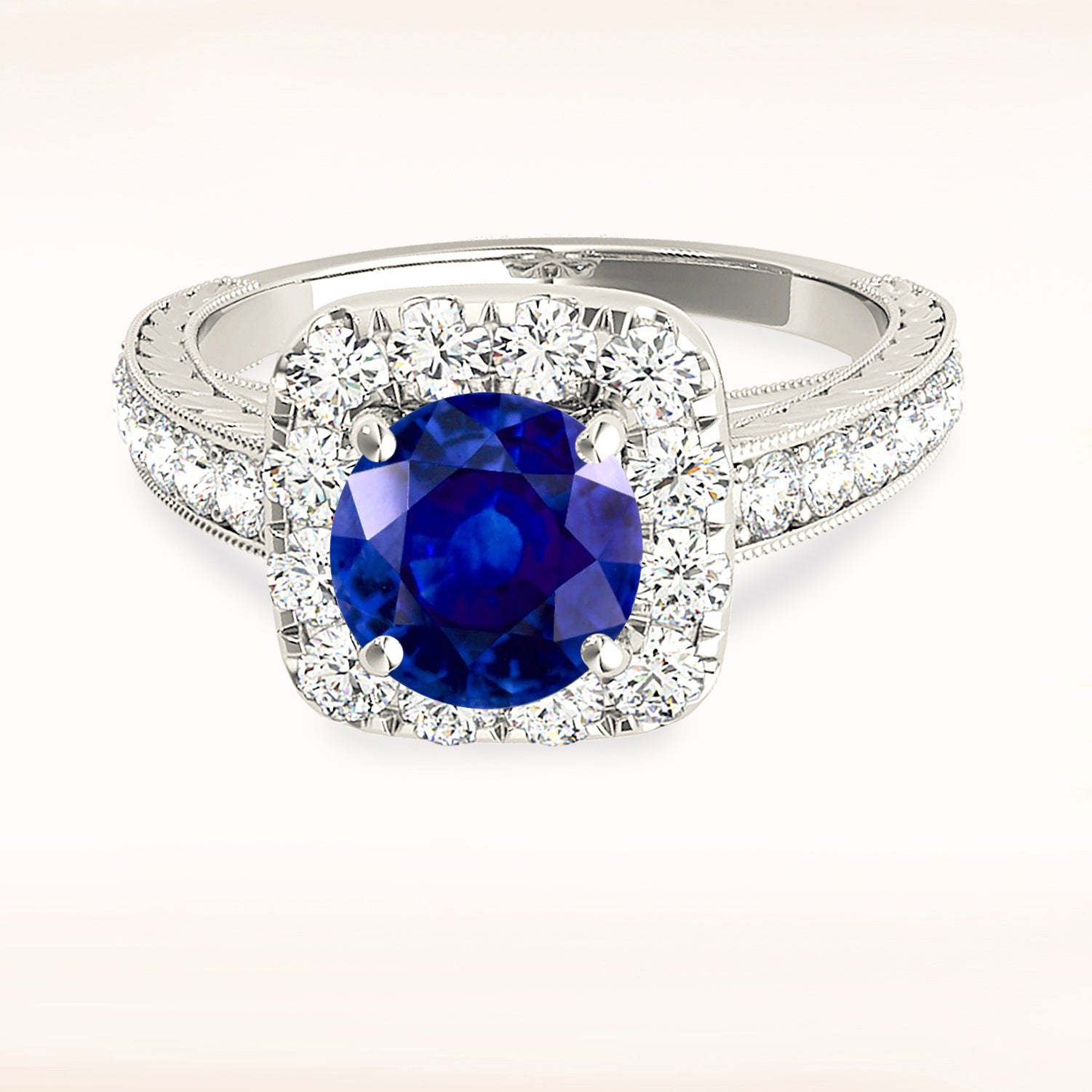 2.41 ct. Genuine Blue Sapphire Gallery Work Halo Ring with 0.50 ctw. Halo And Milgrain Hand Carved Band | Halo Blue Sapphire Classic Ring-in 14K/18K White, Yellow, Rose Gold and Platinum - Christmas Jewelry Gift -VIRABYANI