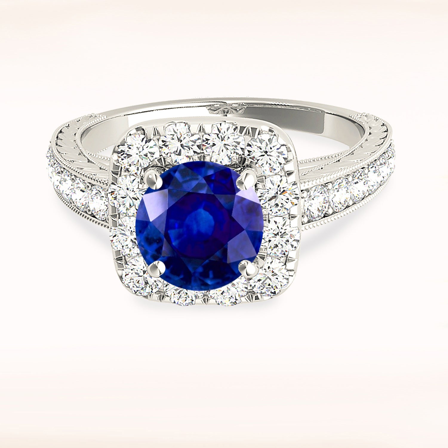 2.41 ct. Genuine Blue Sapphire Gallery Work Halo Ring with 0.50 ctw. Halo And Milgrain Hand Carved Band | Halo Blue Sapphire Classic Ring-VIRABYANI