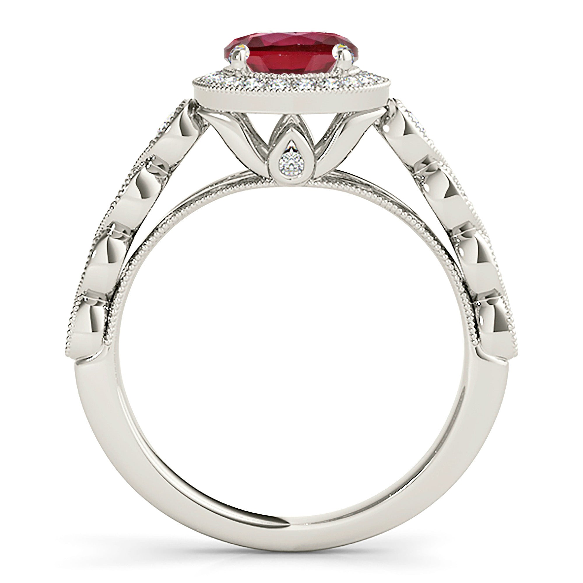 1.35 ct. Genuine Ruby Ring With 0.35 ctw. Diamond Halo,Swirly Milgrain Diamond Band, Under Halo Accent Diamond |Ruby Halo Ring |Natural Ruby-VIRABYANI