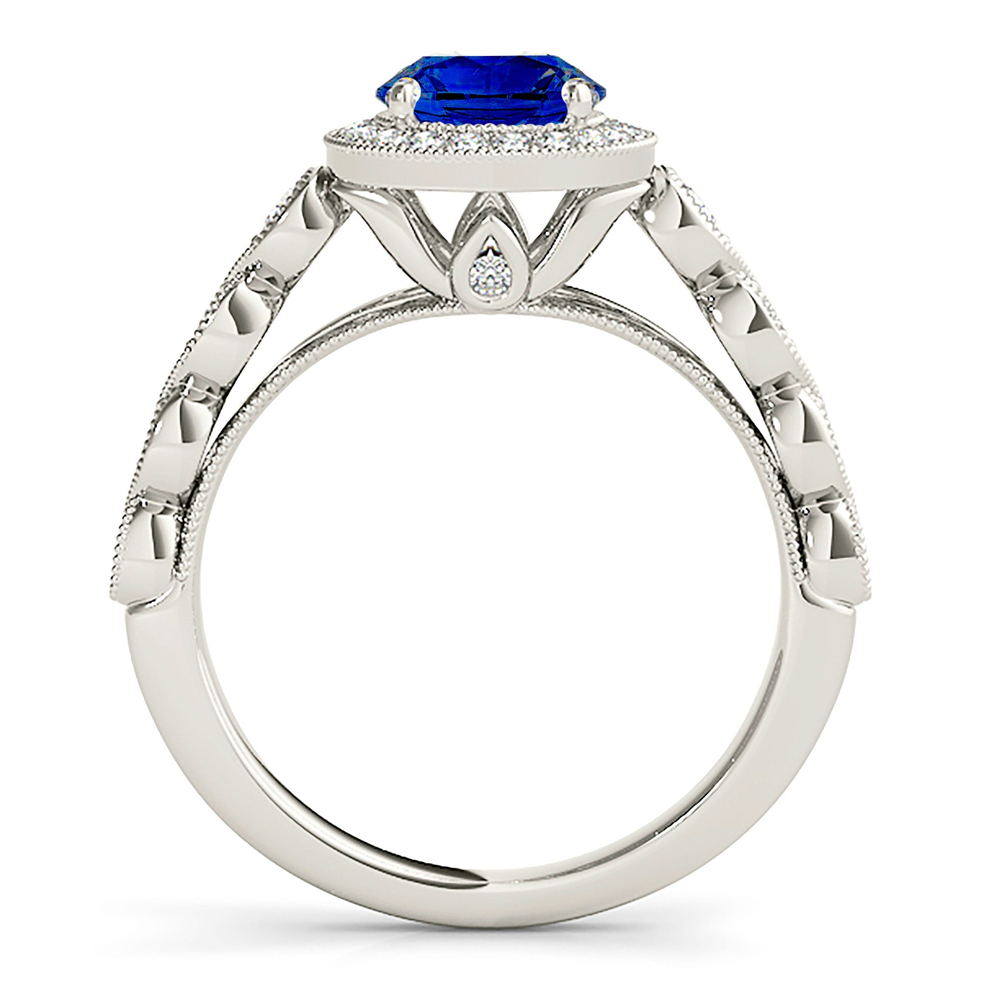1.35 ct. Genuine Blue Sapphire Ring With 0.35 ctw. Diamond Milgrain Halo, Swirly Beaded Diamond Band | Natural Sapphire And Diamond Ring-VIRABYANI