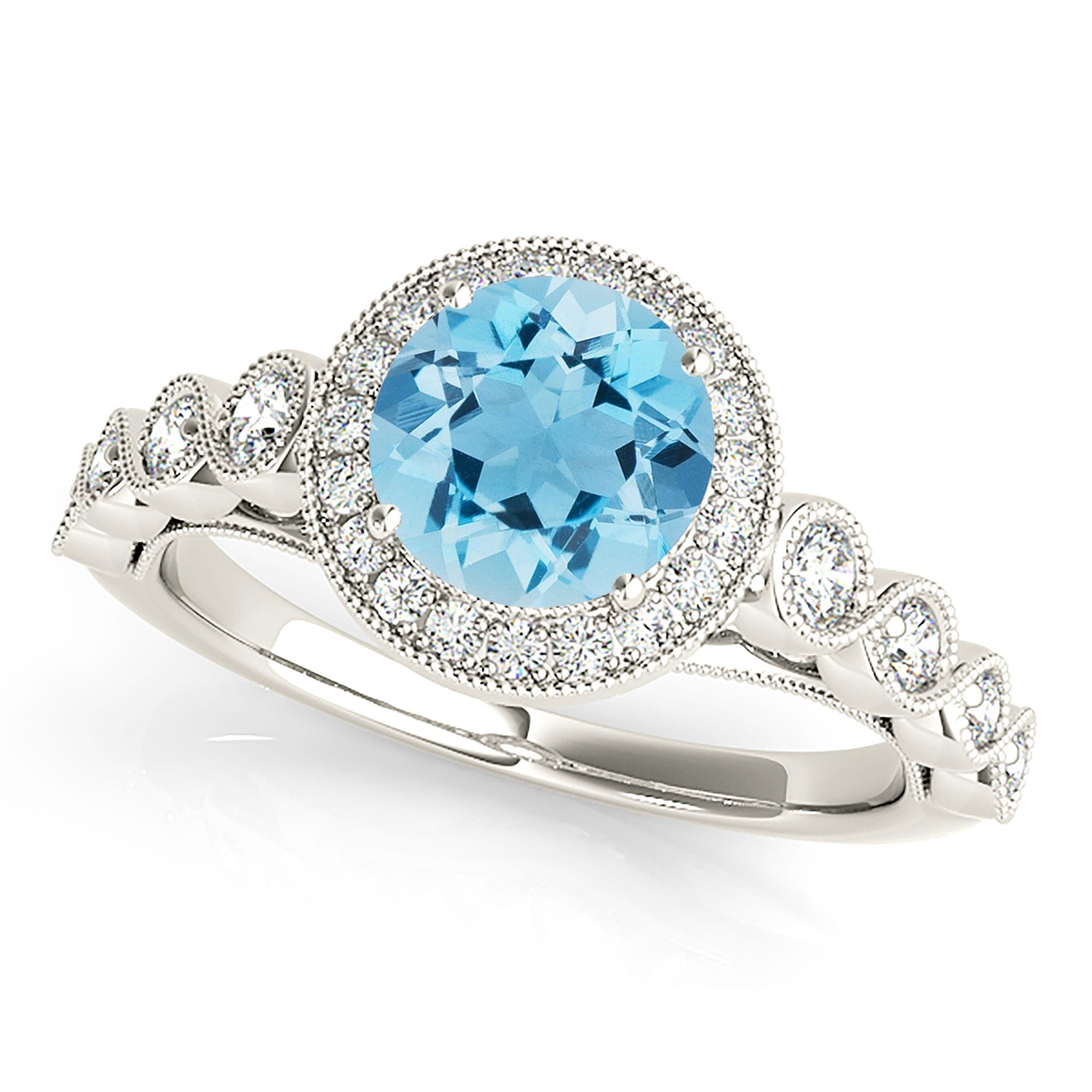 1.10 ct. Genuine Aquamarine Ring With 0.35 ctw. Diamond Bezel Set Halo , Milgrain Bezel Set Diamond Band | Round Blue Aquamarine Halo Ring-VIRABYANI