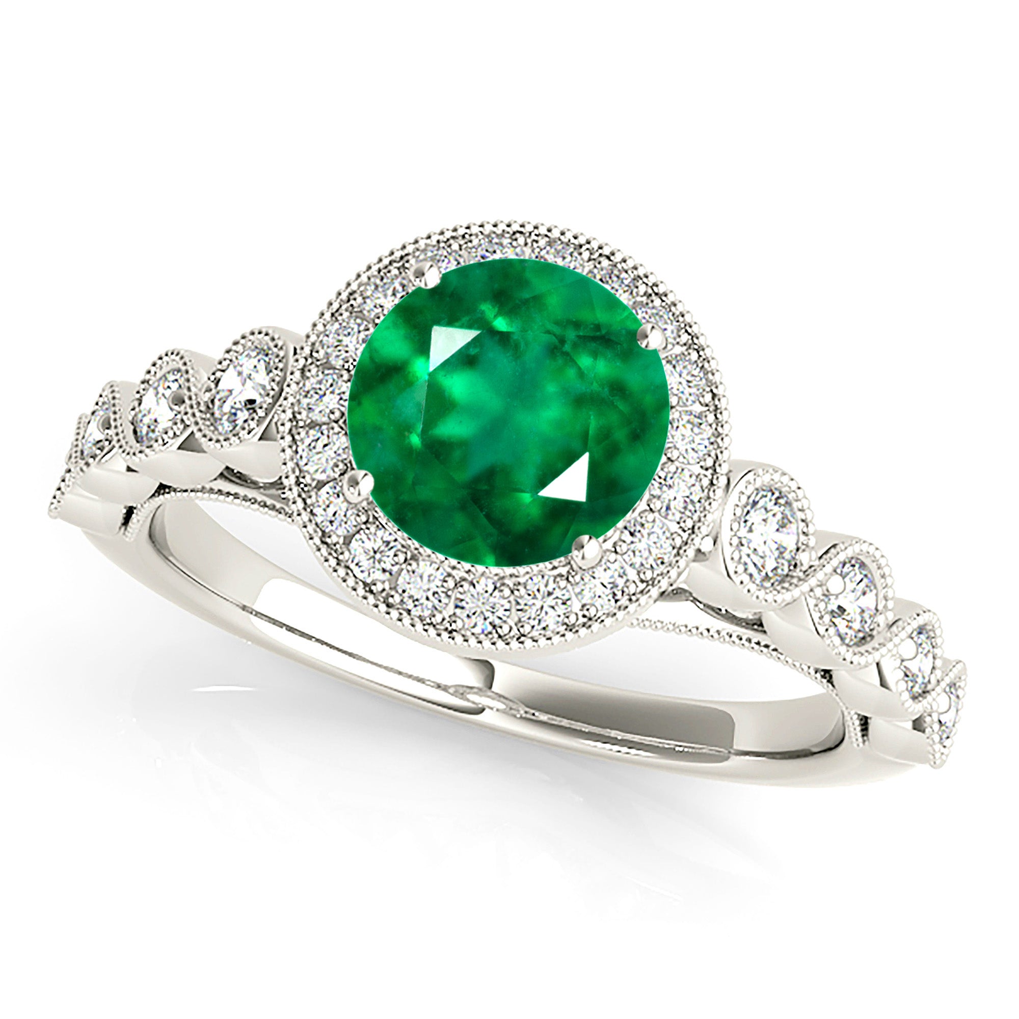 1.14 ct. Genuine Emerald Ring With 0.35 ctw. Diamond Halo And Swirl Infinite Diamond Band-VIRABYANI