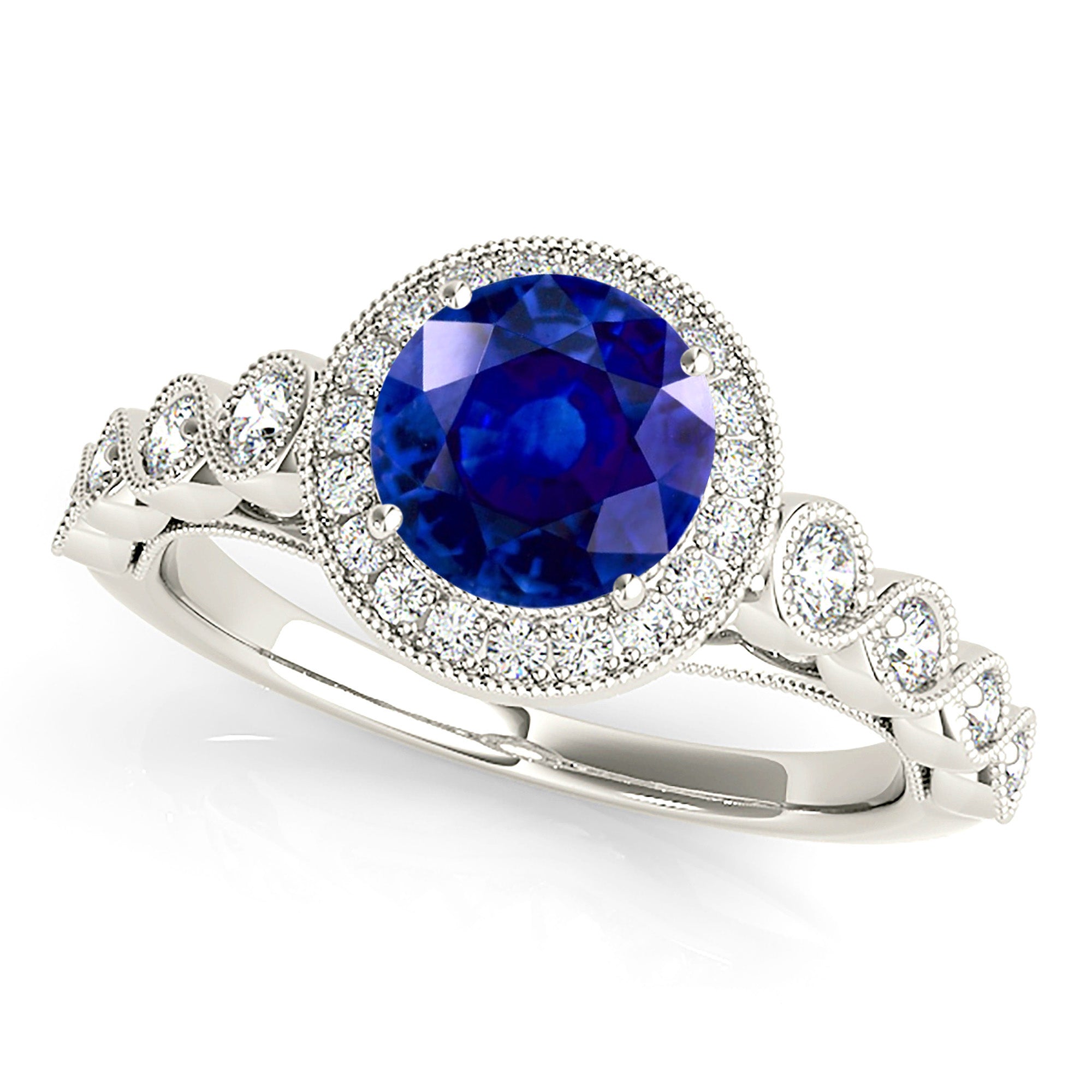 1.35 ct. Genuine Blue Sapphire Ring With 0.35 ctw. Diamond Milgrain Halo, Swirly Beaded Diamond Band | Natural Sapphire And Diamond Ring-VIRABYANI