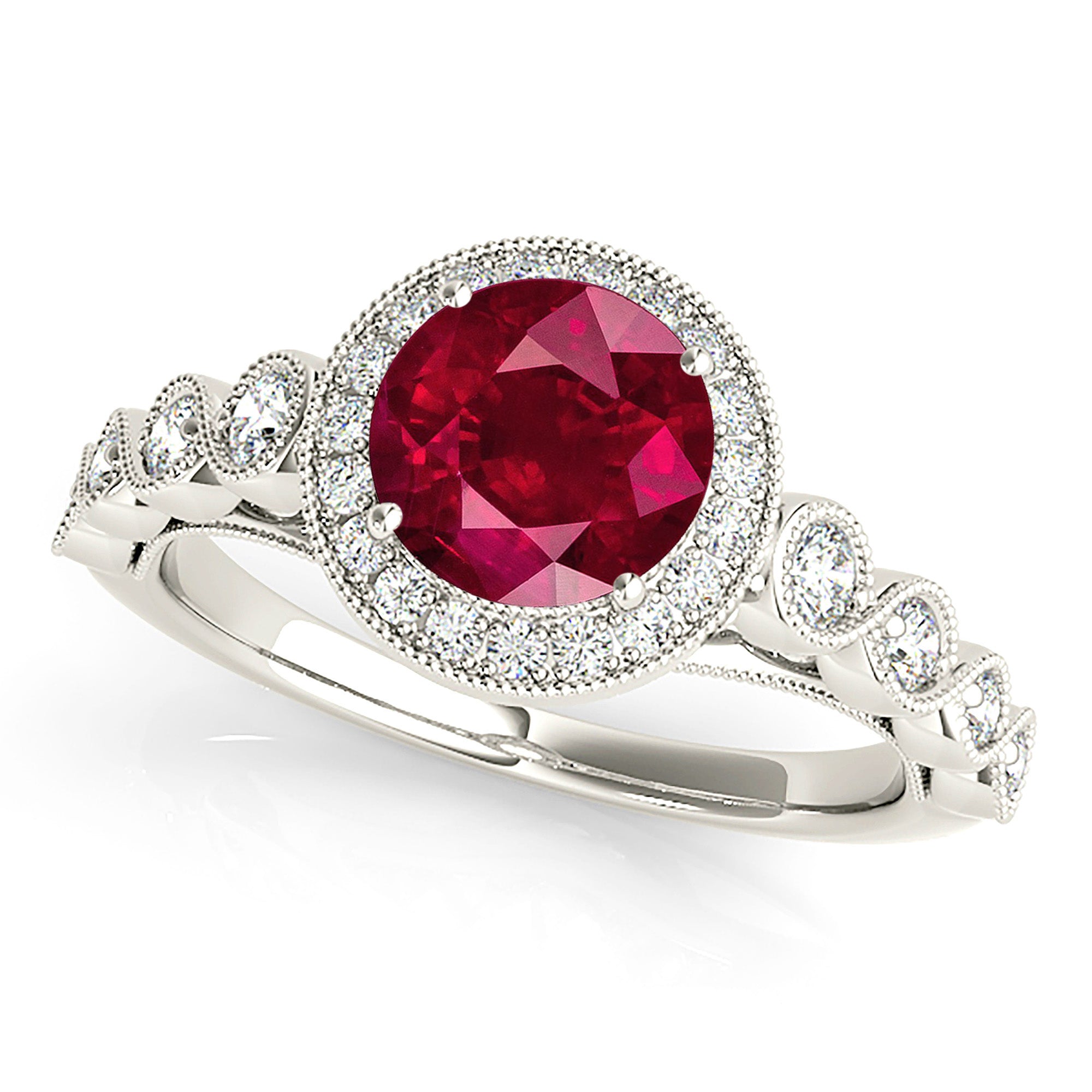 1.35 ct. Genuine Ruby Ring With 0.35 ctw. Diamond Halo,Swirly Milgrain Diamond Band, Under Halo Accent Diamond |Ruby Halo Ring |Natural Ruby-VIRABYANI