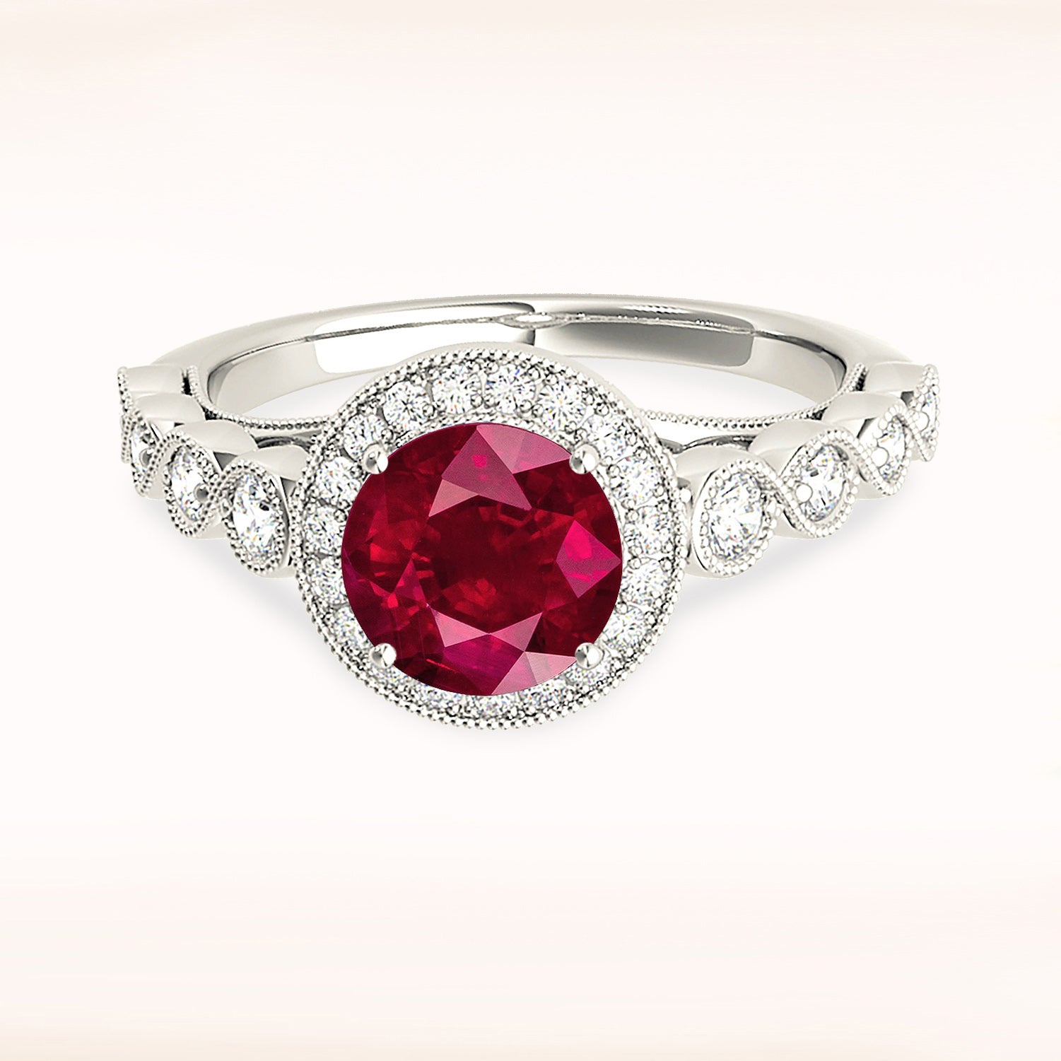 1.35 ct. Genuine Ruby Ring With 0.35 ctw. Diamond Halo,Swirly Milgrain Diamond Band, Under Halo Accent Diamond |Ruby Halo Ring |Natural Ruby-VIRABYANI