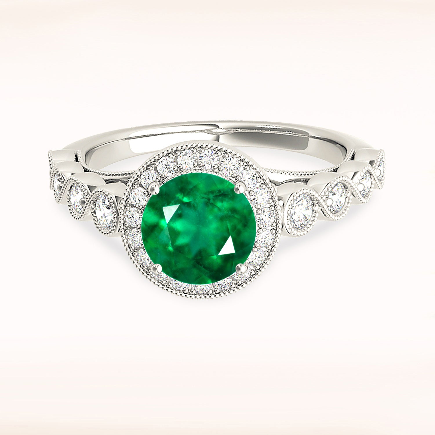 1.14 ct. Genuine Emerald Ring With 0.35 ctw. Diamond Halo And Swirl Infinite Diamond Band-VIRABYANI