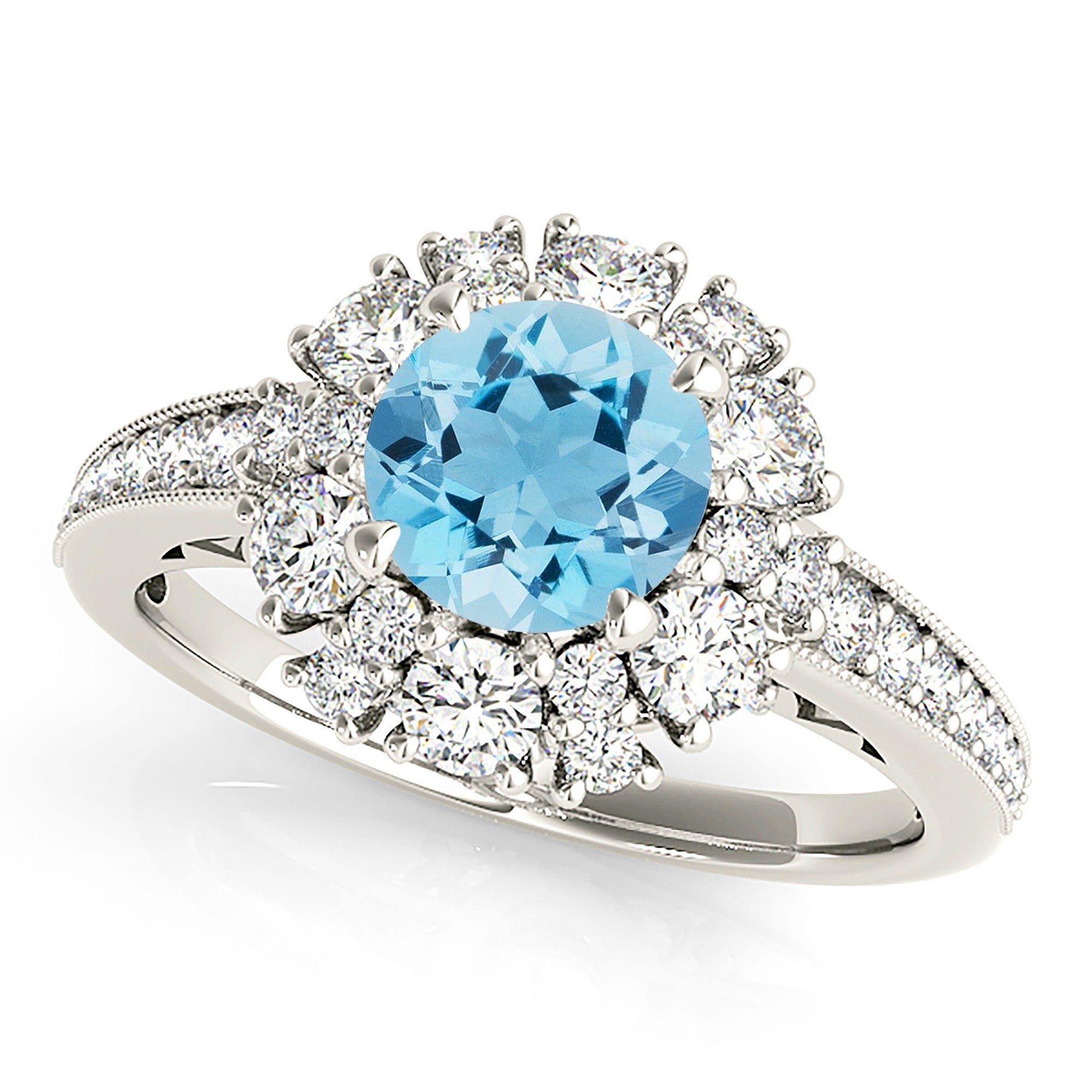 1.75 ct. Genuine Aquamarine Ring With 1.00 ctw. Diamond Fancy Halo And delicate Diamond Band,Floral Basket-VIRABYANI