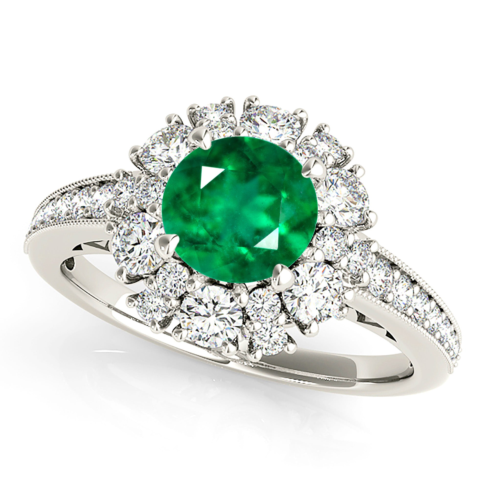 1.75 ct. Genuine Emerald Ring With 1.00 ctw. Diamond Halo and Floral Basket-VIRABYANI