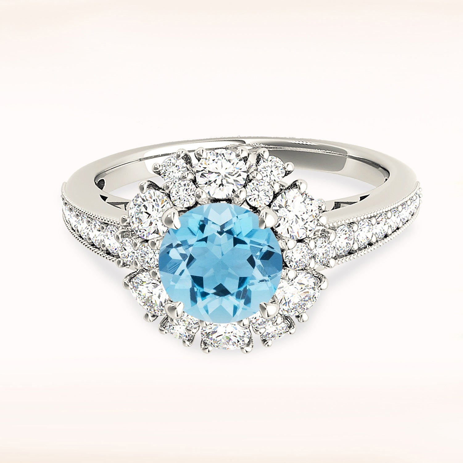 1.75 ct. Genuine Aquamarine Ring With 1.00 ctw. Diamond Fancy Halo And delicate Diamond Band,Floral Basket-VIRABYANI