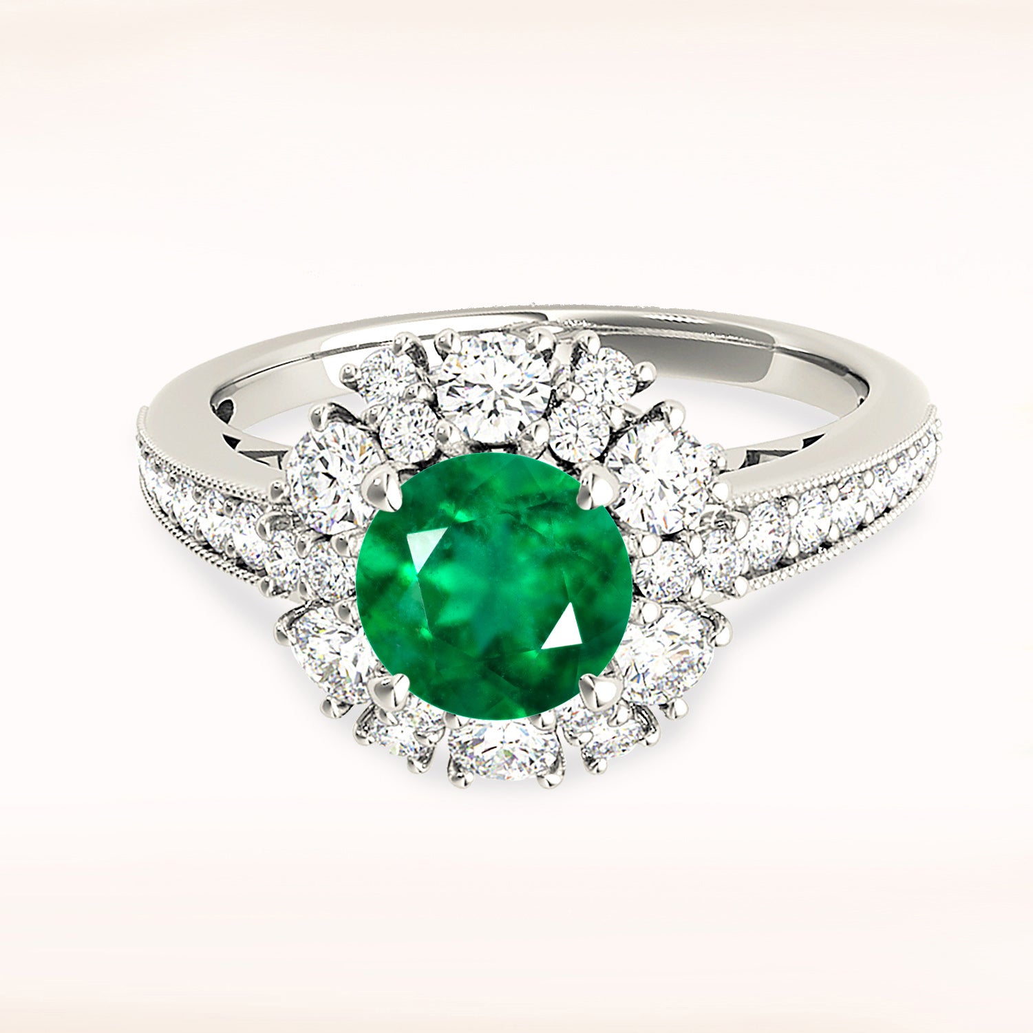 1.75 ct. Genuine Emerald Ring With 1.00 ctw. Diamond Halo and Floral Basket-in 14K/18K White, Yellow, Rose Gold and Platinum - Christmas Jewelry Gift -VIRABYANI