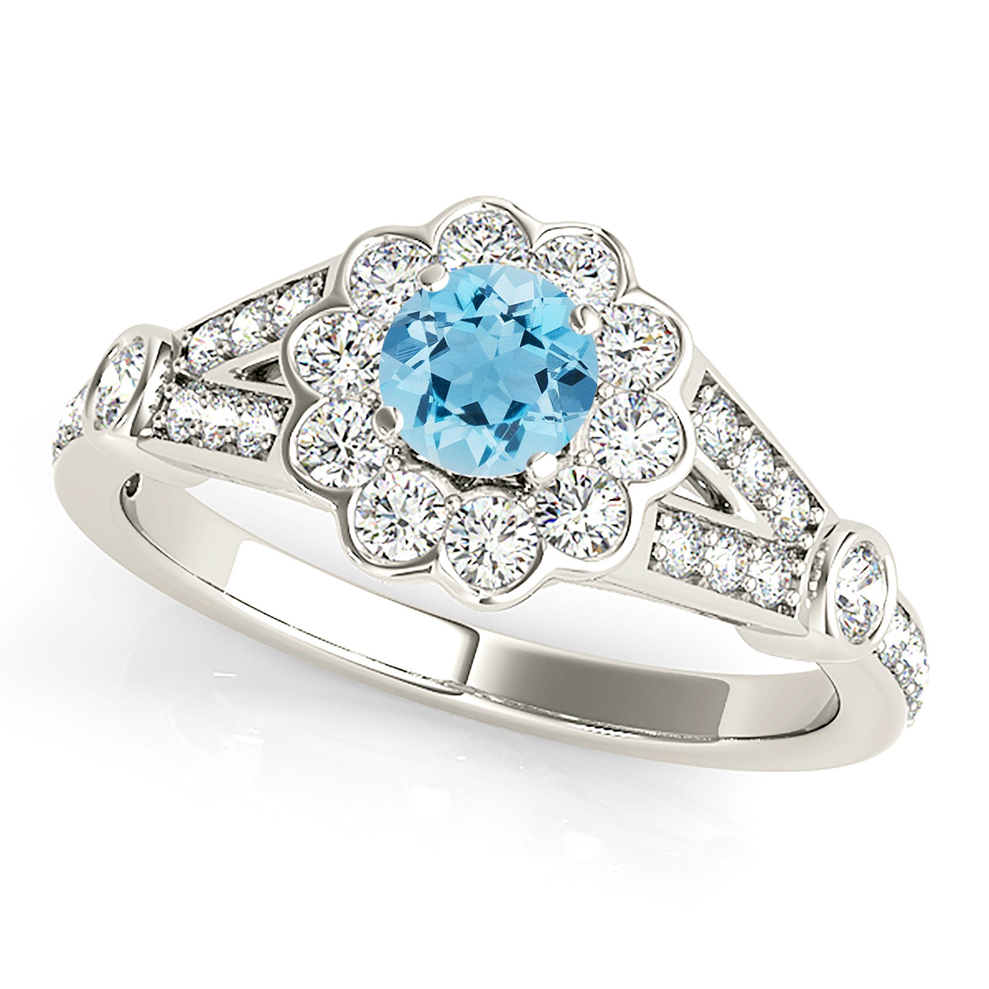 1.00 ct. Genuine Aquamarine Ring With 0.50 ctw. Diamond Bezel Set Floral Halo, V Shape Split Diamond Band | Round Blue Aquamarine Halo Ring-VIRABYANI