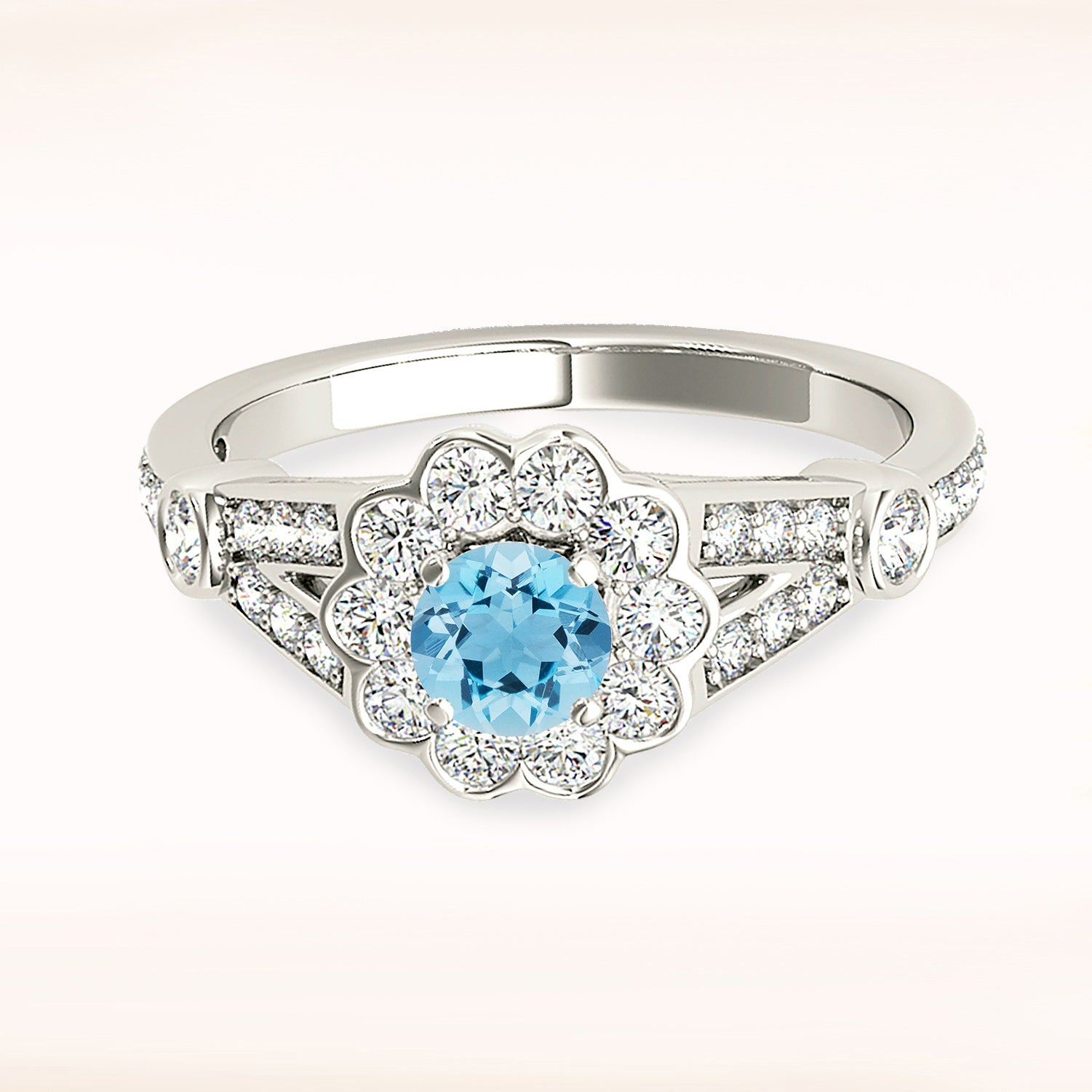 1.00 ct. Genuine Aquamarine Ring With 0.50 ctw. Diamond Bezel Set Floral Halo, V Shape Split Diamond Band | Round Blue Aquamarine Halo Ring-VIRABYANI