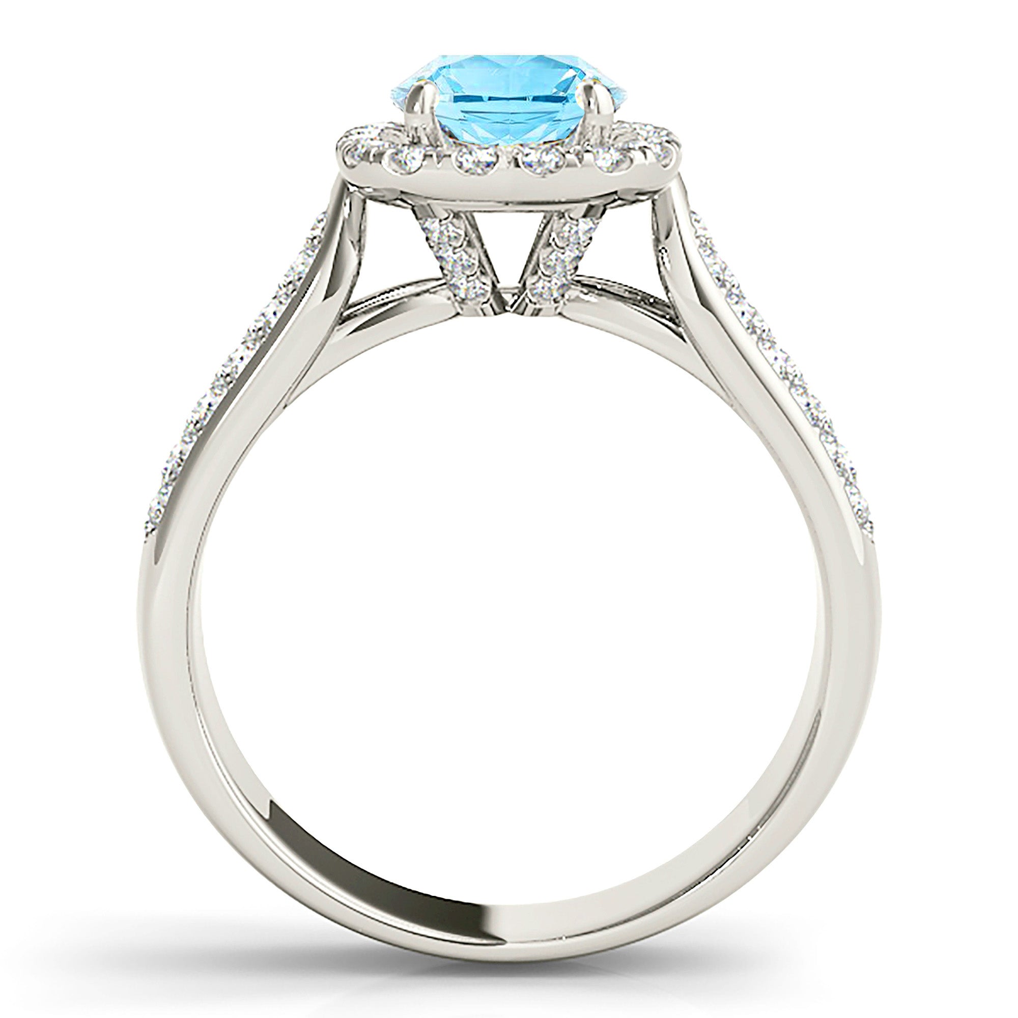 1.10 ct. Genuine Aquamarine Ring With 0.75 ctw. Diamond Cushion Halo And Triple Row Diamond Band | Round Blue Aquamarine Halo Ring-VIRABYANI