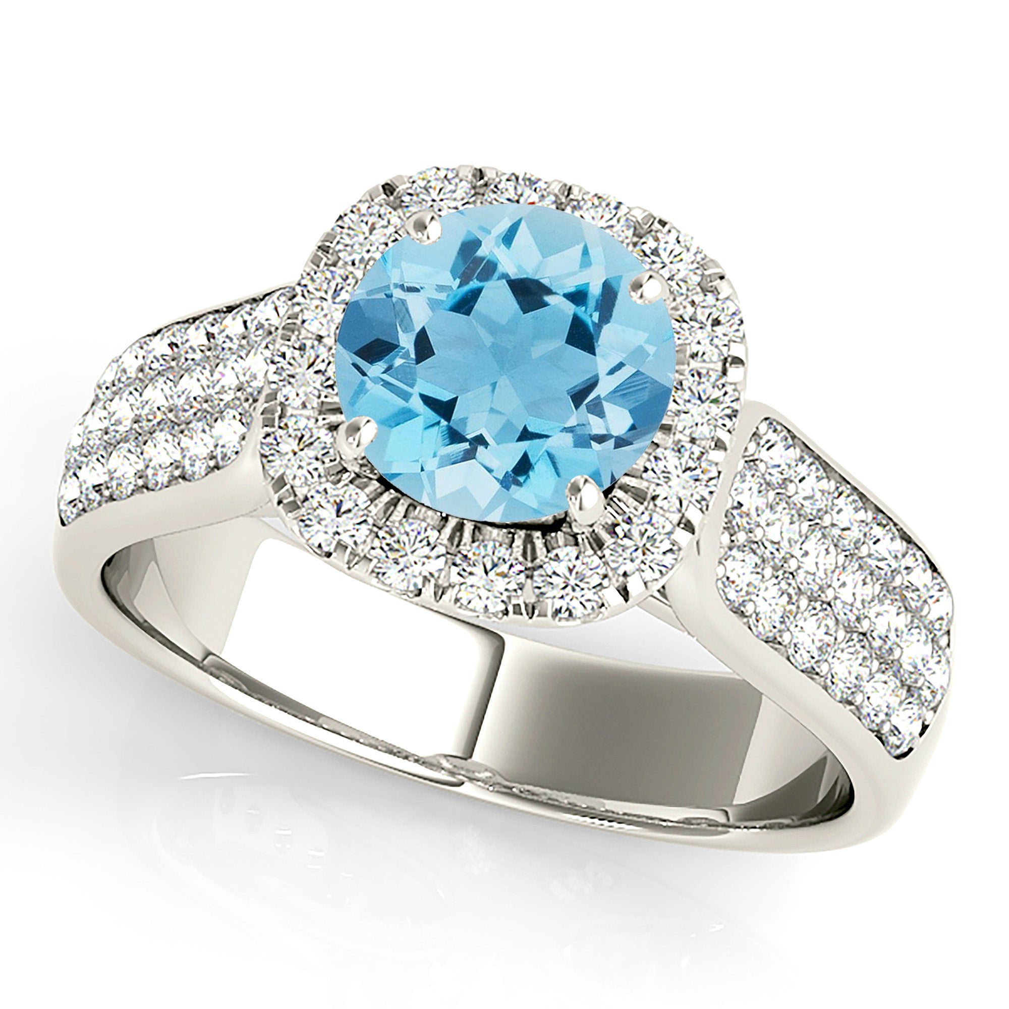 1.10 ct. Genuine Aquamarine Ring With 0.75 ctw. Diamond Cushion Halo And Triple Row Diamond Band | Round Blue Aquamarine Halo Ring-VIRABYANI